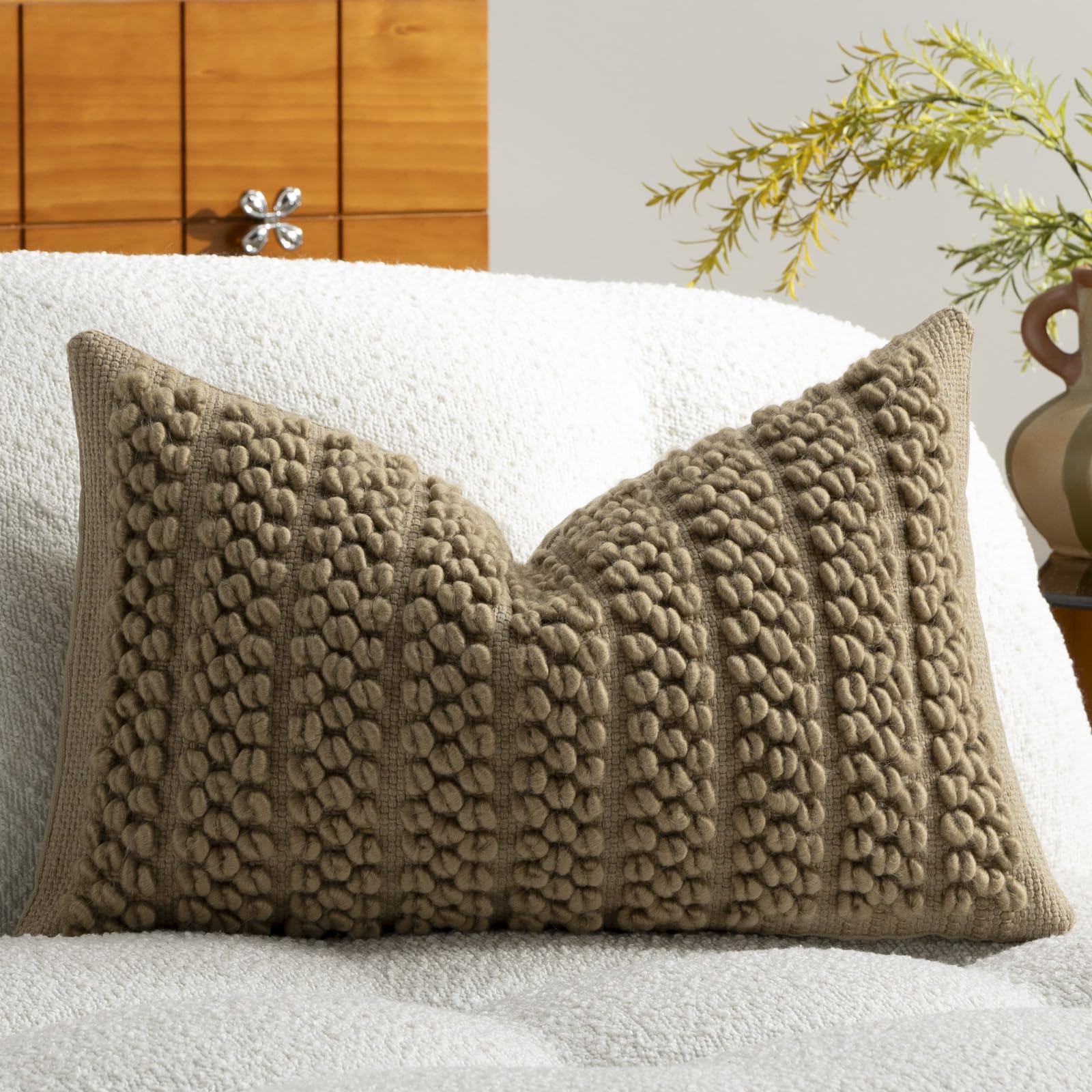 DEZENE Wool Boucle Throw Pillow Cover Premium Chic Accents Square Textured Decorative Pillow Case for Living Room Couch Sofa Home Decor 18"x18" Beige
