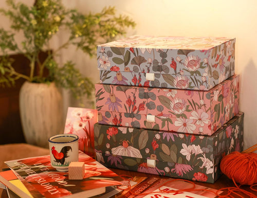 3-Piece Decorative Storage Boxes with Lids, Magnet and Ribbon, Blue, Green, Pink, Floral, Cardboard Paper Keepsake box Set, Photo Storage Box for Memory, Modern Stylish Home Decor