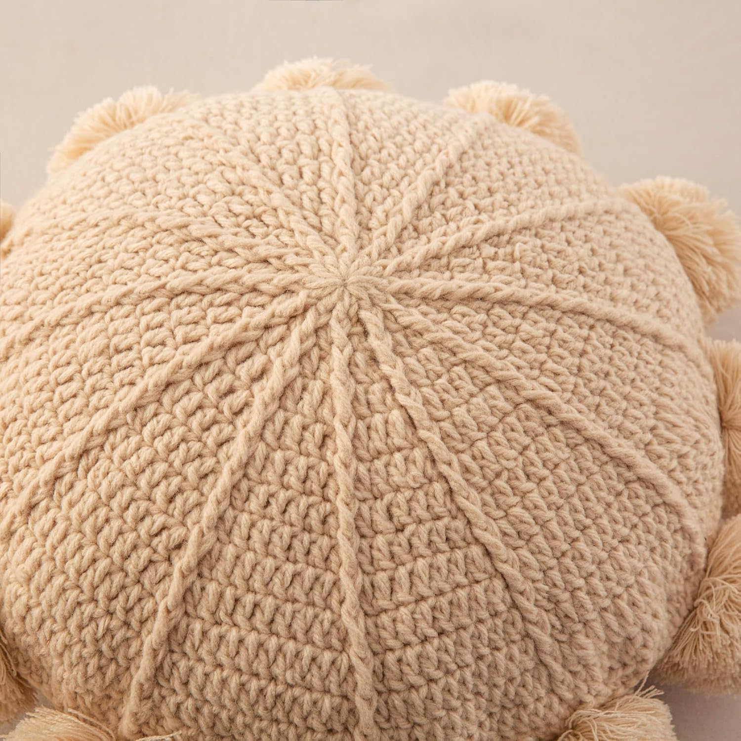 Knitted Round Throw Pillow Handmade Couch Pillow Decorative Pillow with Pom Pom (Beige, 18inch)