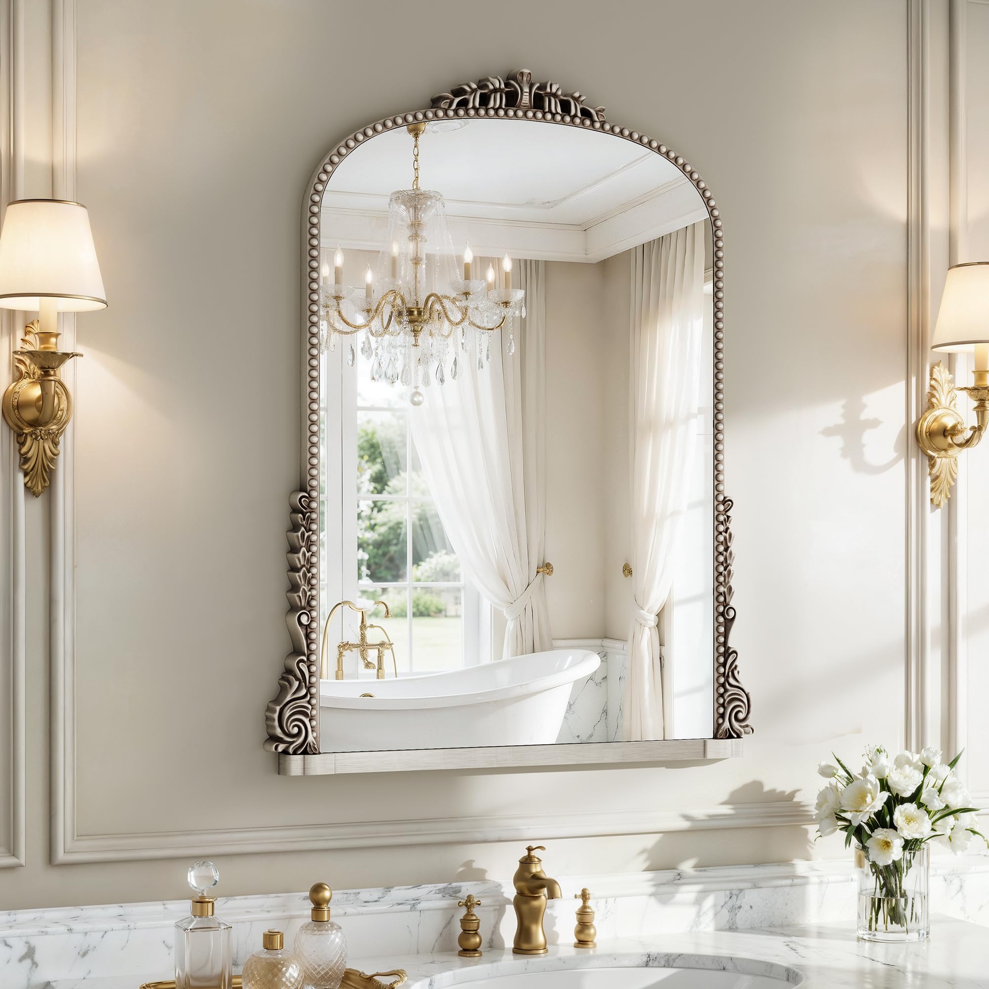 Vintage Gold Baroque Ornate Wall Mirror, Arched Resin Frame HD Tempered Glass Decor Mirror