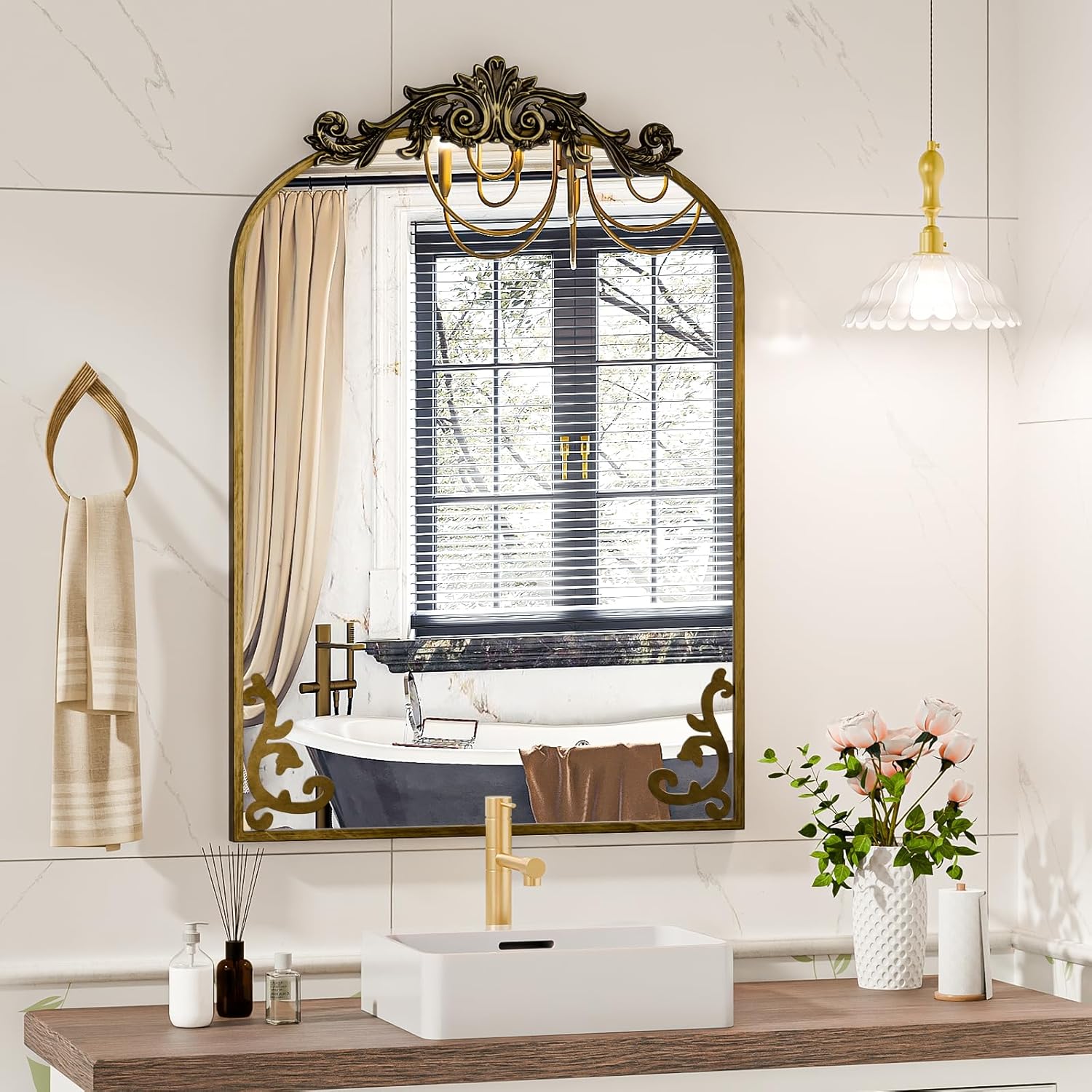 Koonmi Vintage Mirror, 22x30 Antique Barolon Mirror for Wall, Bronze Frame with Ornate Patterns, Flower Head, Shatter-Proof Tempered Glass Arched Decorative Mirrors for Bathroom