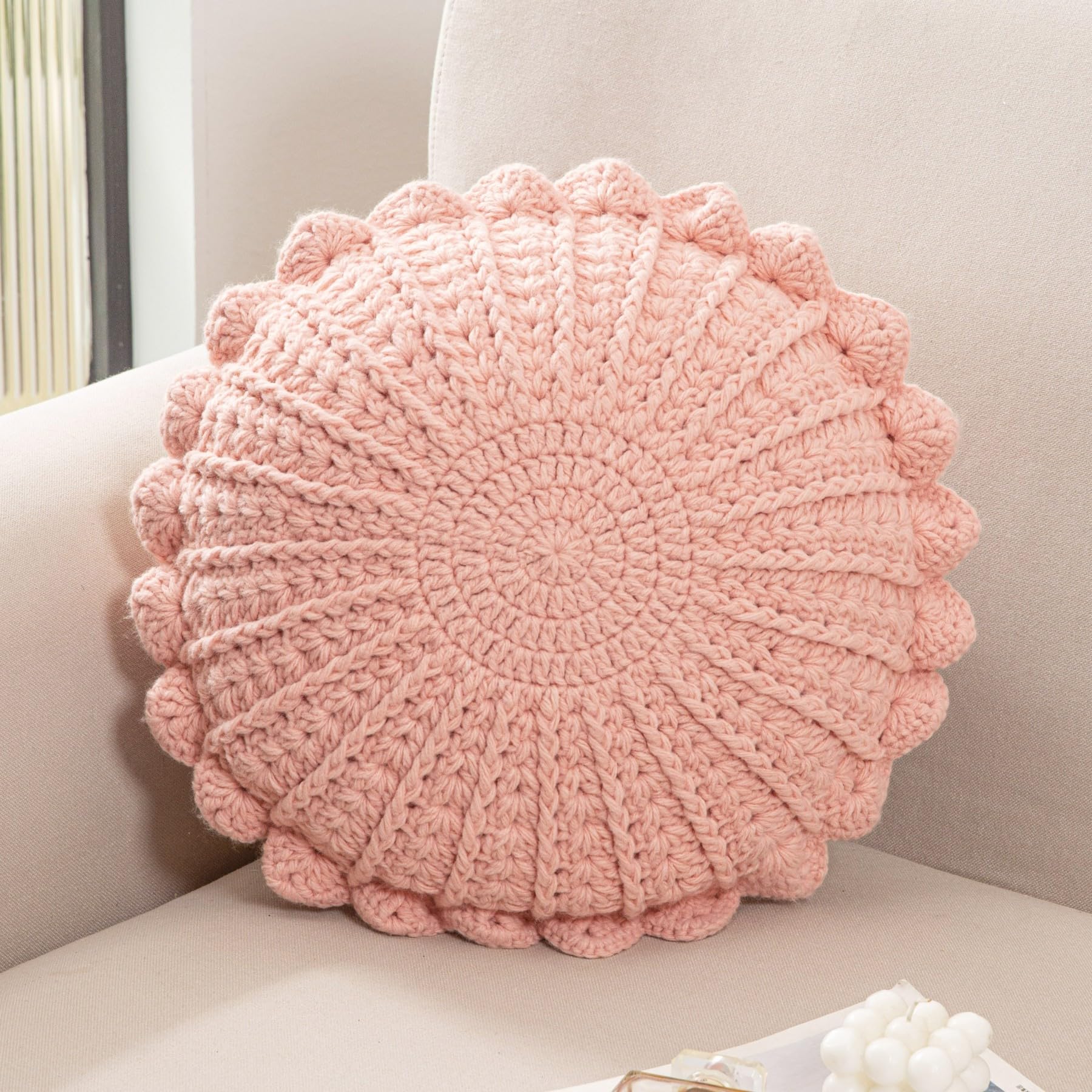 Knitted Throw Pillow Round Couch Pillow Handmade Decorative Plush Pillow Cute Cushion (Beige, 18inch)