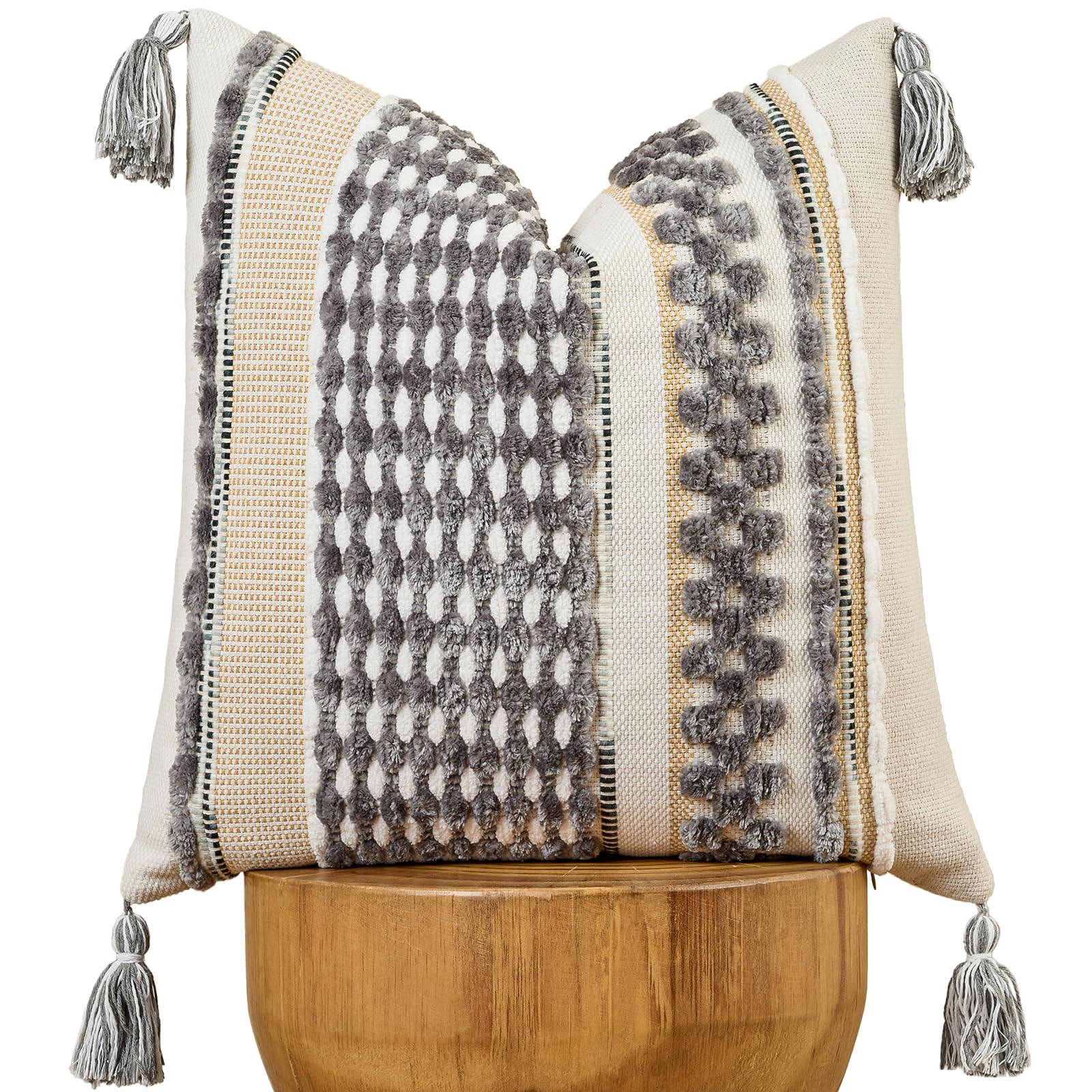 Set of 2 Grey 18×18 Inch Chenille Striped Pillow Covers, Boho Tassel Woven Couch Cushion Cases