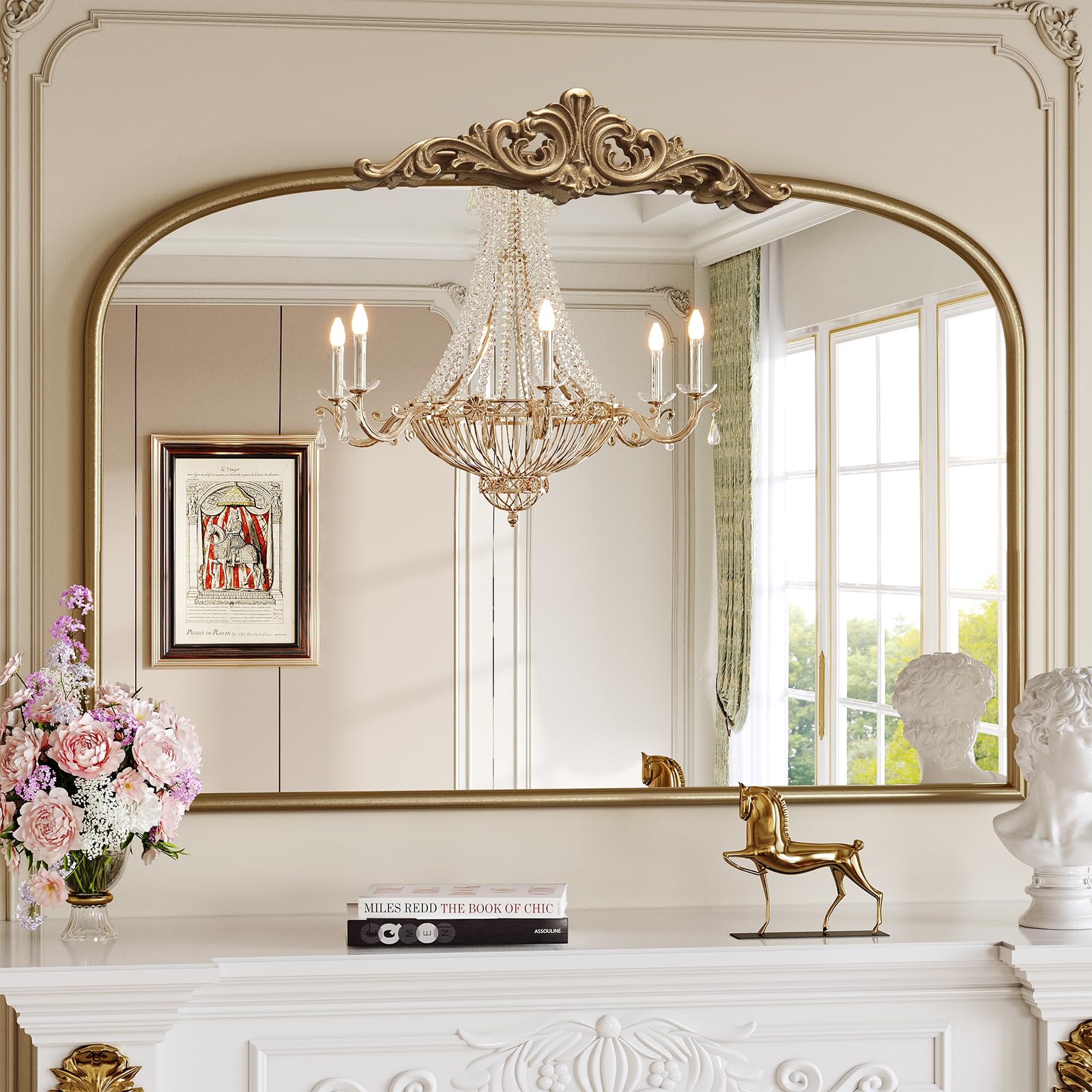 Vintage Baroque Arched Wall Mirror, 30"x40" Antique Gold Bathroom Wall Mirrors, Large Ornate Arch Bronze Mirror for Over Sink, Fireplace, Entryway, Living Room, Hanging or Leaning