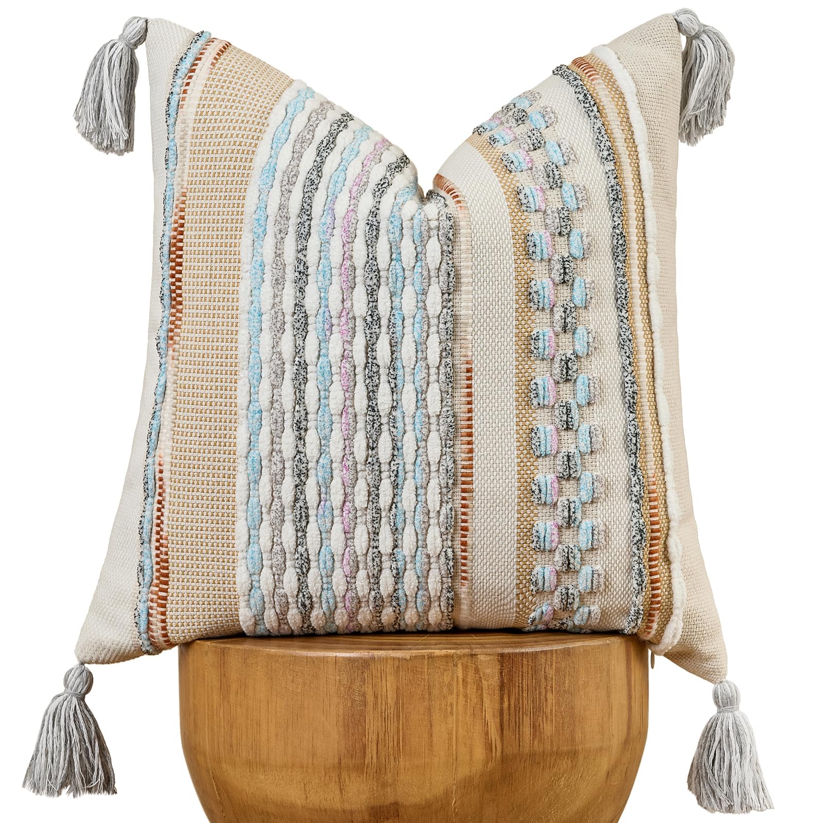 AmHoo Chenille Striped Textured Boho Throw Pillow Covers Aesthetic with Tassels Woven Decorative Pillow Case for Couch Bed Sofa Bedroom Modern Funky 18 x 18-Inch Brown