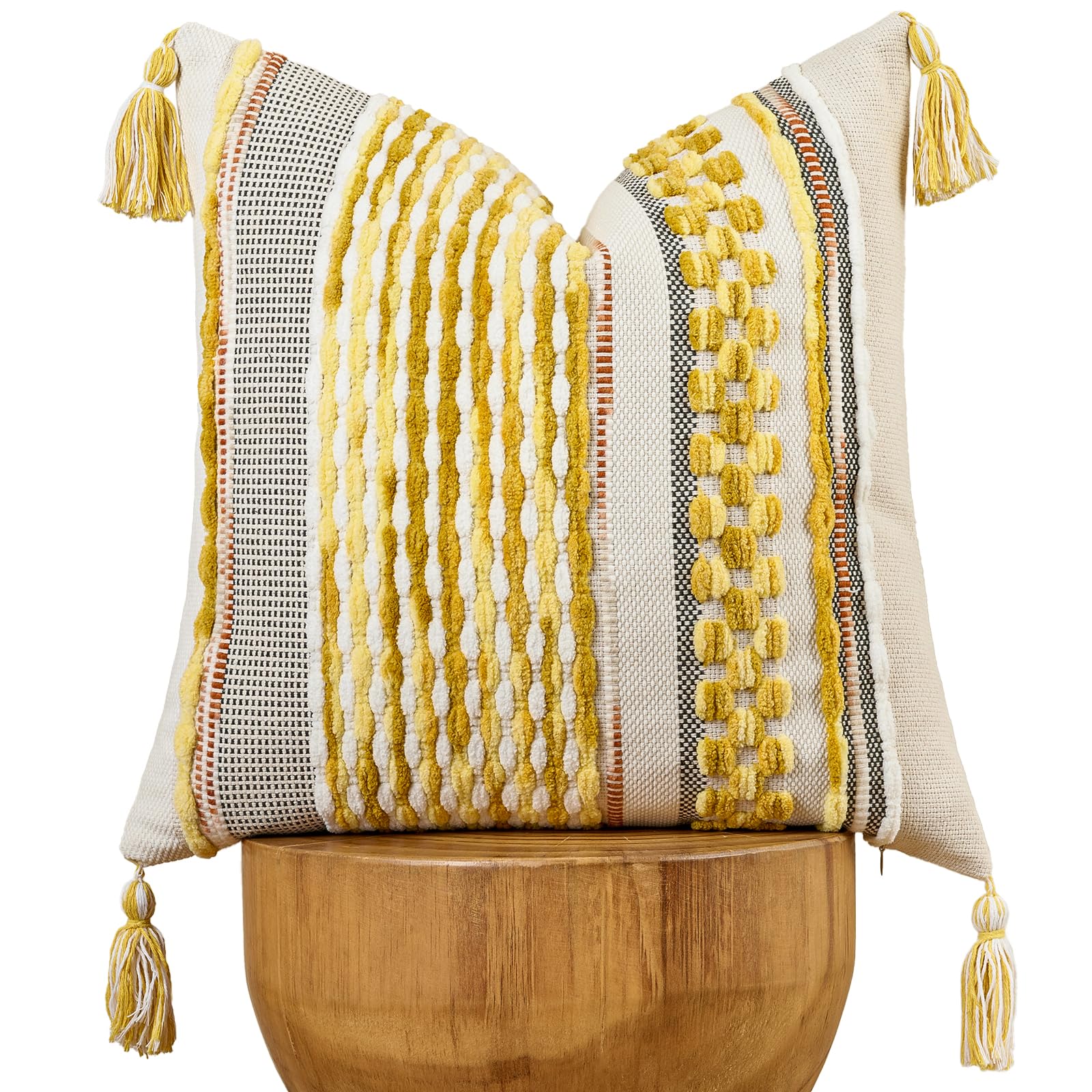 Set of 2 Grey 18×18 Inch Chenille Striped Pillow Covers, Boho Tassel Woven Couch Cushion Cases