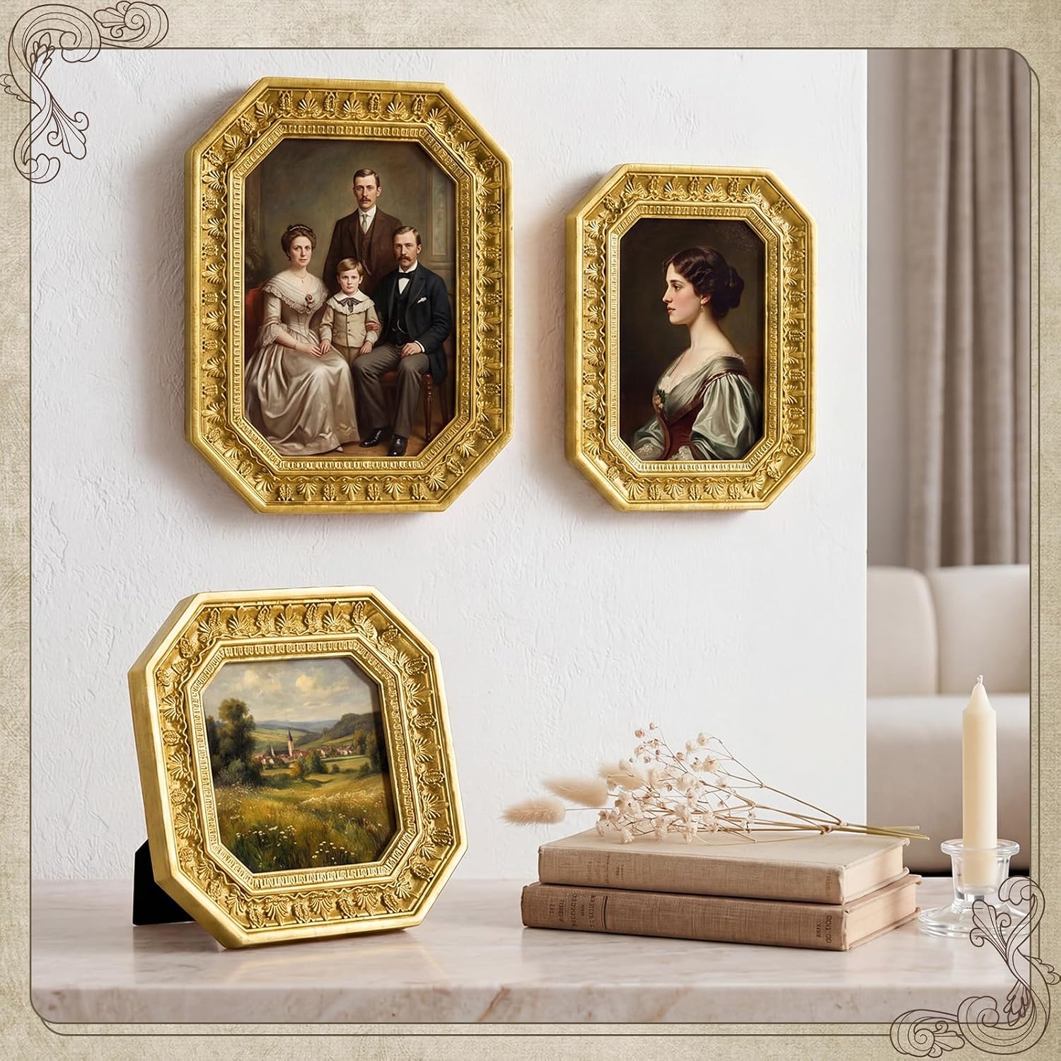 Kathfly 6 Pcs Vintage Gold Picture Frames Set Antique Ornate Photo Frame Collection Victorian Retro Gallery Wall Decor for Wedding Gallery Wall and Tabletop (4 x 4, 4 x 6, 5 x 7 Inch)