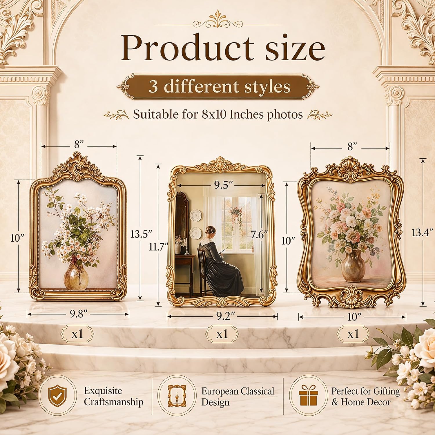 3 Pack 8x10 Antique Gold Glass Photo Frames for Gallery Wall