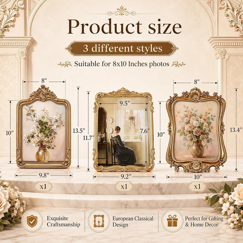 3 Pack 8x10 Antique Gold Glass Photo Frames for Gallery Wall