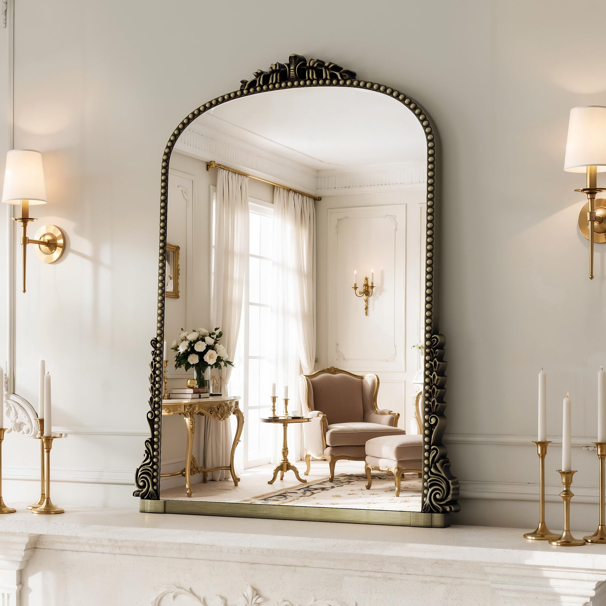 Vintage Gold Baroque Ornate Wall Mirror, Arched Resin Frame HD Tempered Glass Decor Mirror