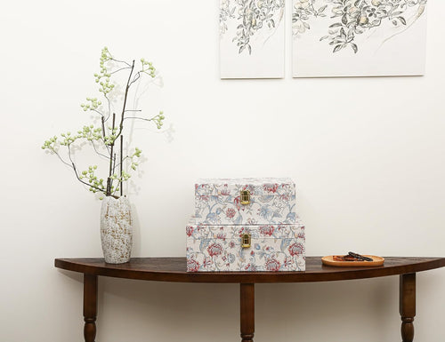 2-Piece Decorative Storage Boxes with Lids, Illustrated Botanical Floral Design in Soft Vintage Tones, Keepsake Boxes with Decorative Metal Closure, Memory Storage Boxes for Home Décor