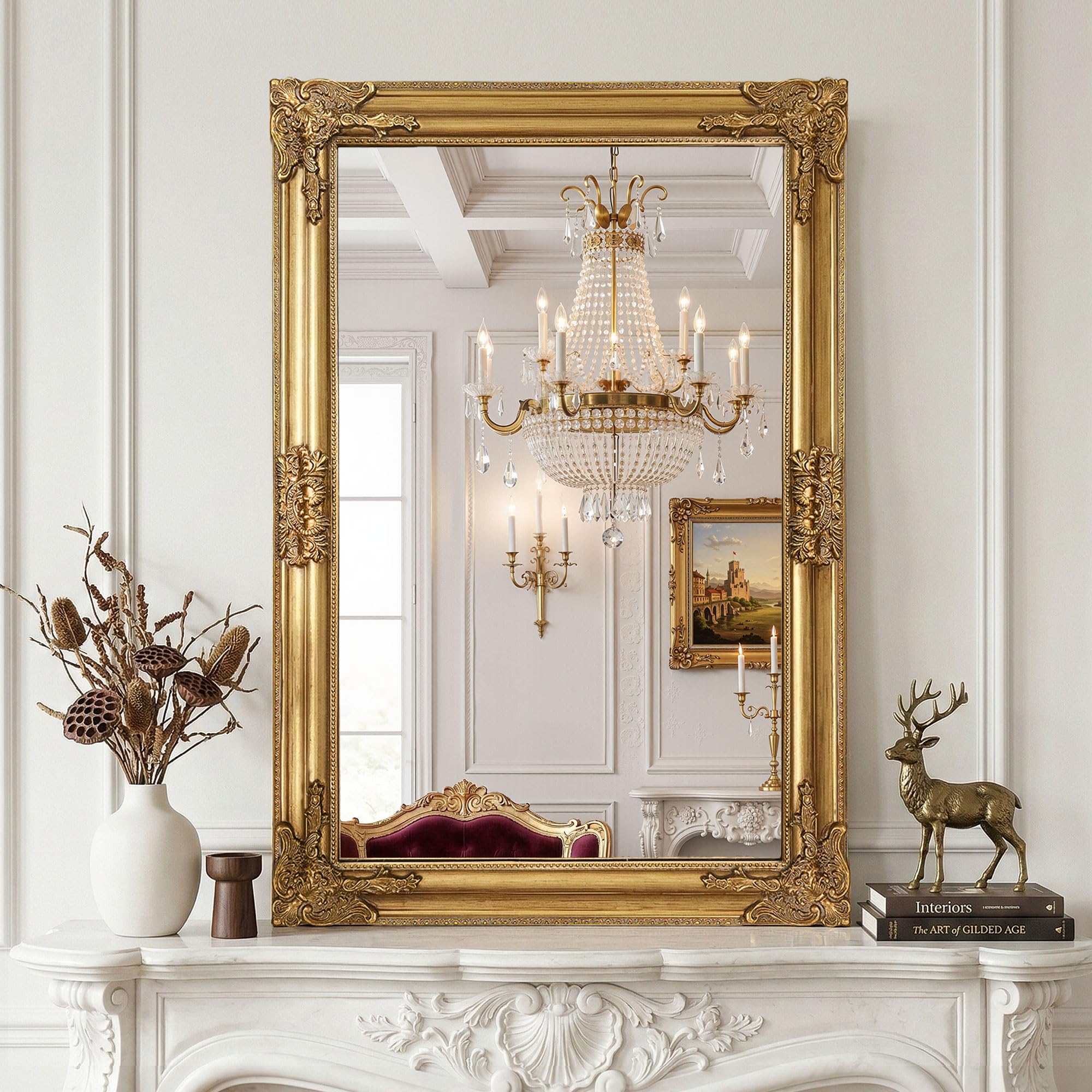 Vintage Gold Mirror for Wall, 28"x40" Antique Decorative Ornate Baroque Mirror for Living Room, Entryway, Bathroom, Fireplace(Antique Gold)