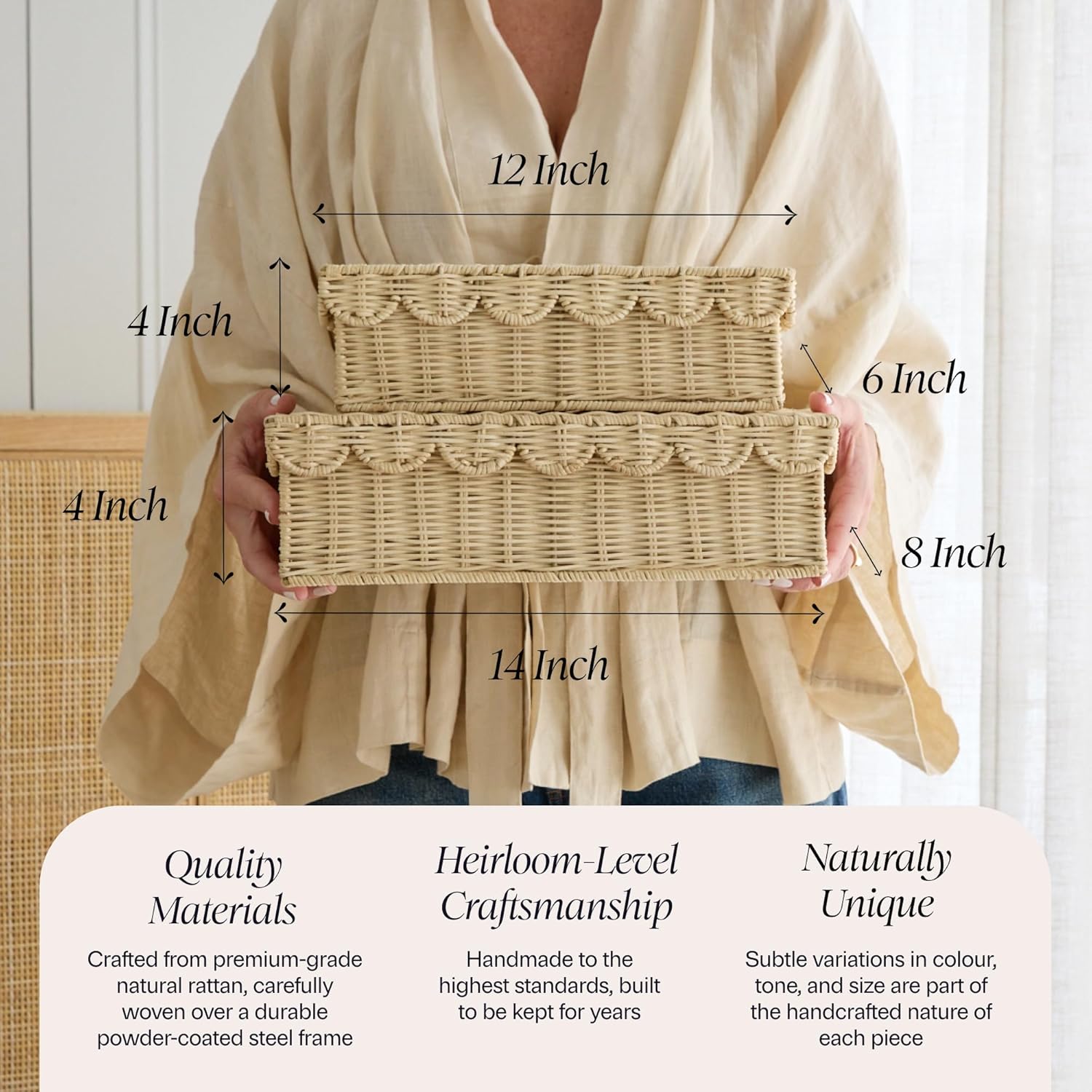BEBE BASK Handwoven Stackable Decorative Storage Boxes with Lids, Set of 2 (14 × 8 × 4 in) – Scalloped Wicker Basket for Home Decor – Baby Keepsake Box & Memory Box for Keepsakes for Nursery