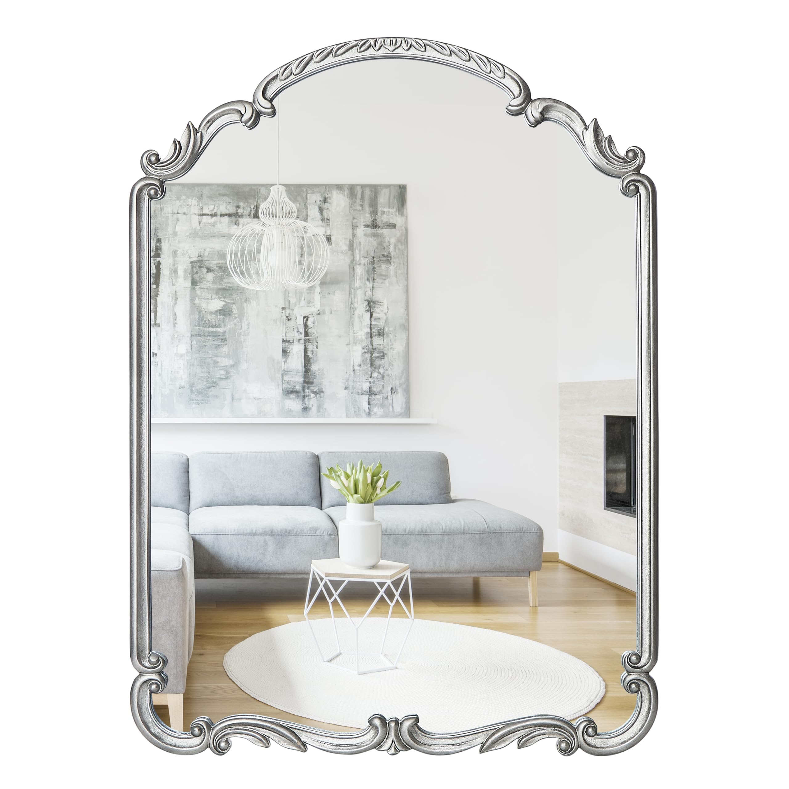 Wylde Iris English Estate Carved Arch Wood Wall Mirror, Mirror for Entryway, Living Room, Bathroom, Antique Black, 22x30
