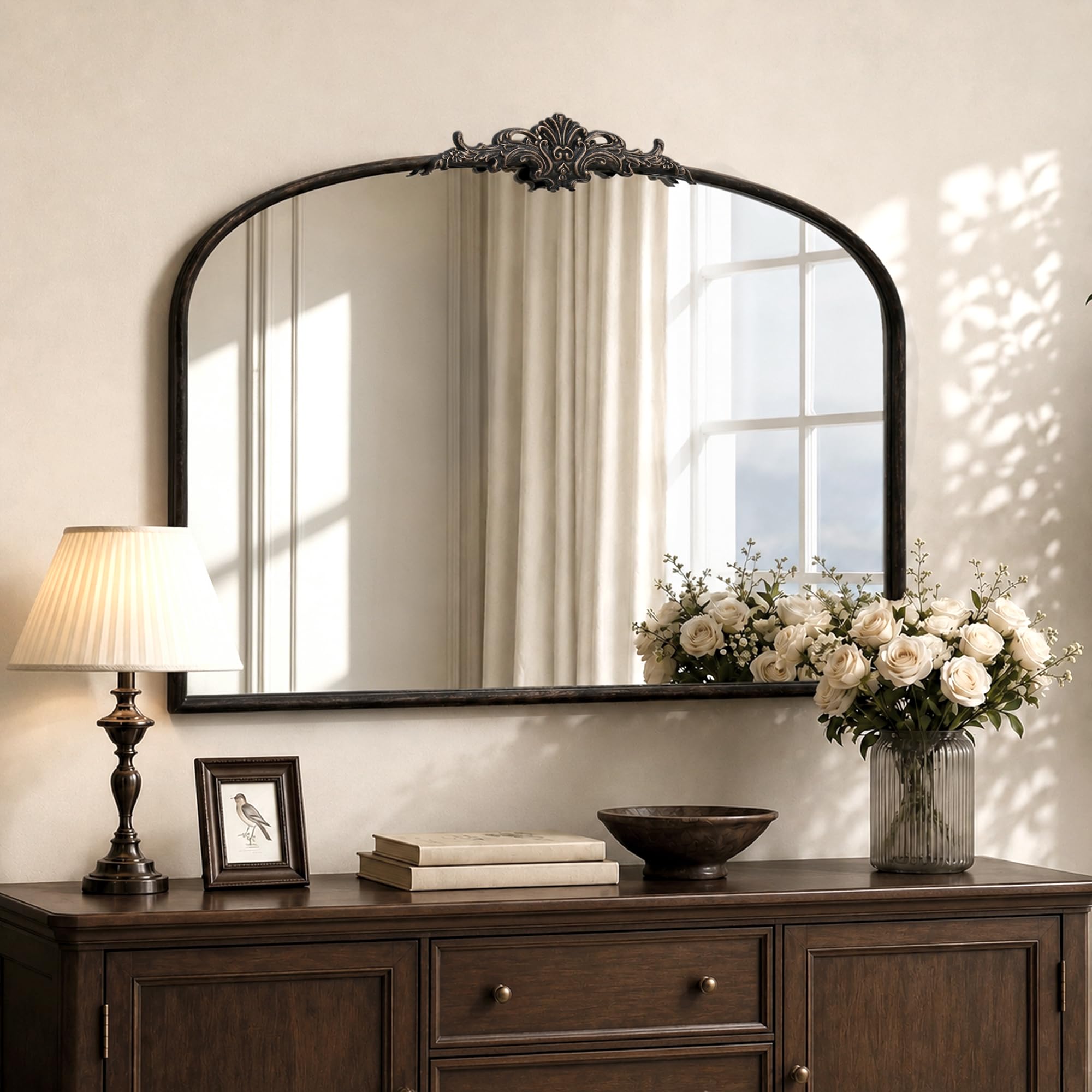 Besdomus Vintage Arched Gold Mirror: 40"x29" French Large Brass Antique Wall Vanity Mirror - Decorative Baroque Traditional Ornate for Entryway/Fireplace/Bathroom/Bedroom - Ideal for Home Renovations