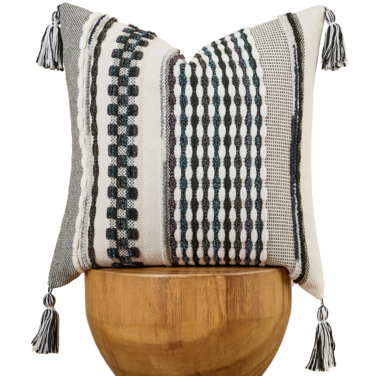 Set of 2 Grey 18×18 Inch Chenille Striped Pillow Covers, Boho Tassel Woven Couch Cushion Cases