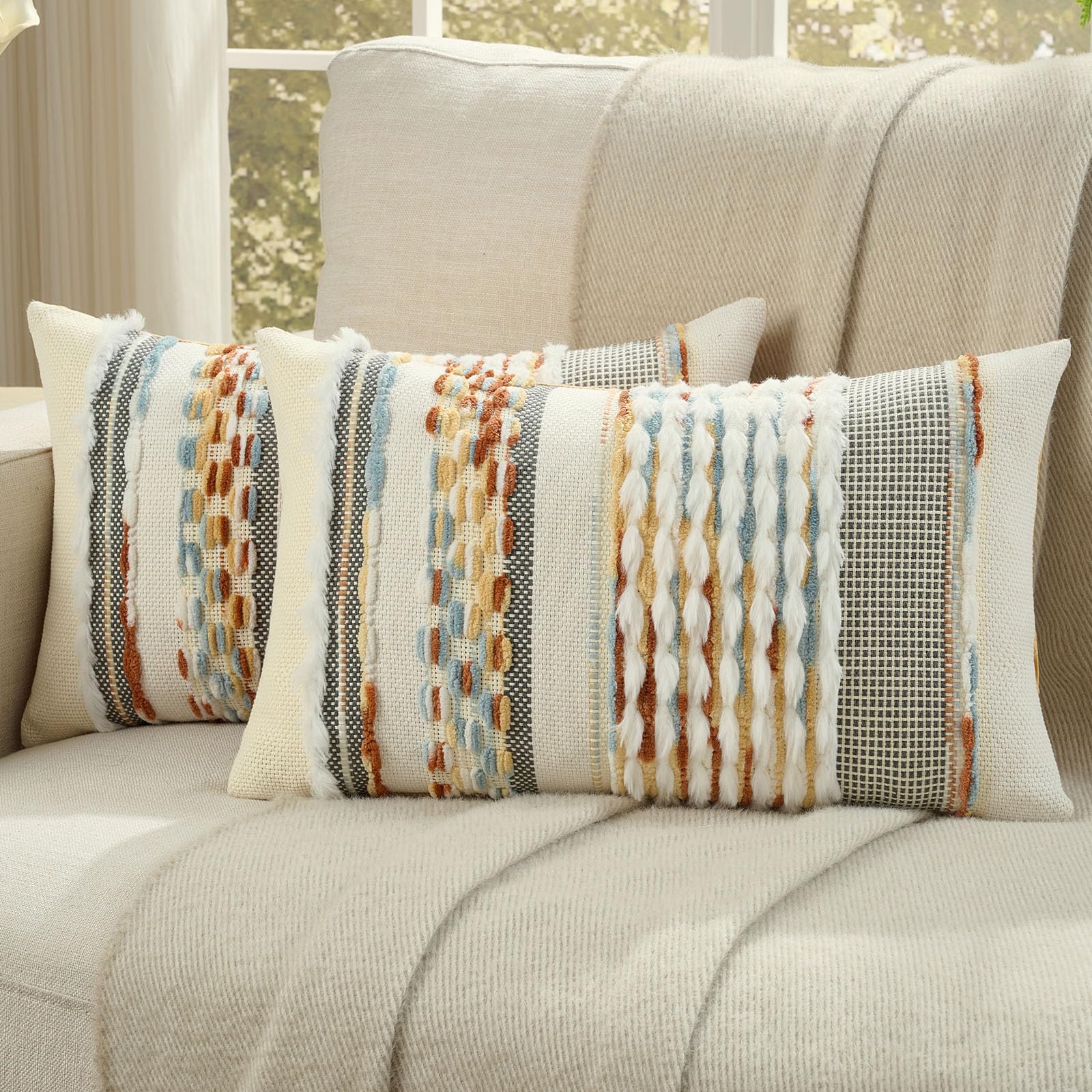 FUTEI Pack of 2 Boho Chenille Decorative Throw Pillow Covers 18x18 Inch Soft Plush Tufted Striped Textured Cushion Case,Farmhouse Accent for Couch Bed Living Room, Grey