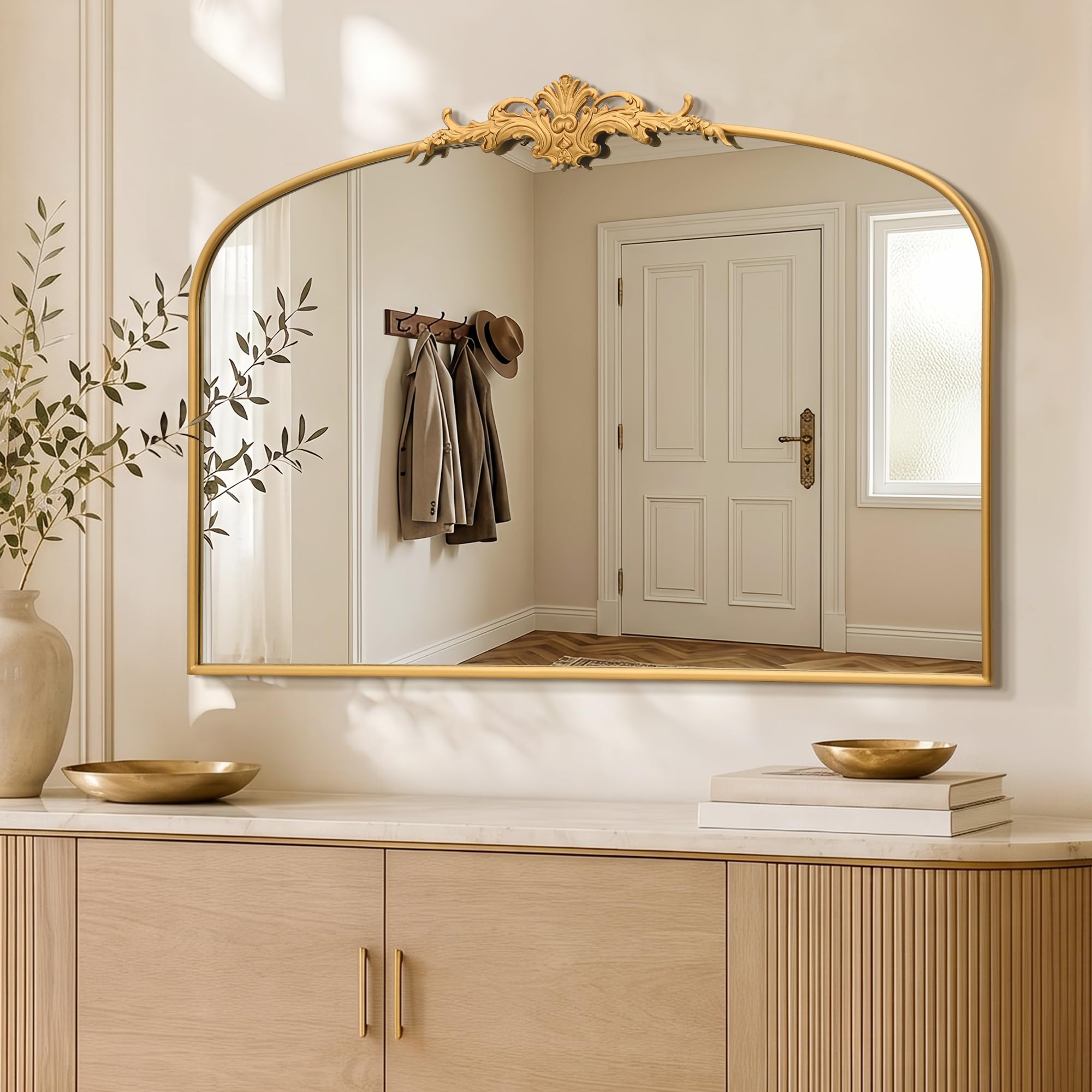 Besdomus Vintage Arched Gold Mirror: 40"x29" French Large Brass Antique Wall Vanity Mirror - Decorative Baroque Traditional Ornate for Entryway/Fireplace/Bathroom/Bedroom - Ideal for Home Renovations