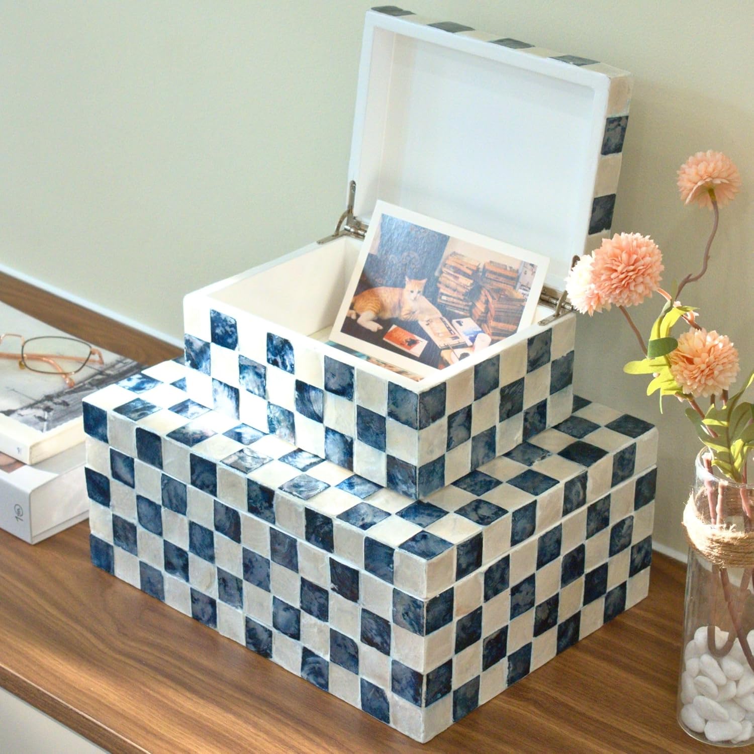 Set of 2 Navy Blue Capiz Shell Storage Boxes with Lids, Checkered Keepsake Memory Boxes