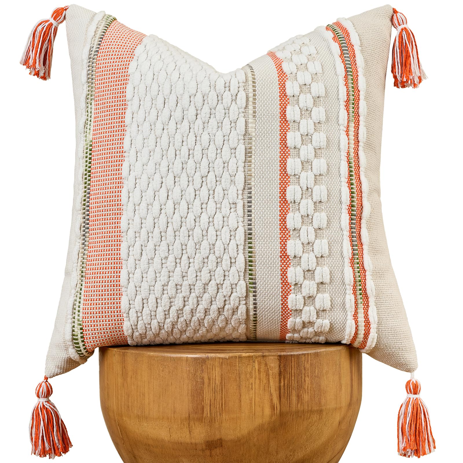 Set of 2 Grey 18×18 Inch Chenille Striped Pillow Covers, Boho Tassel Woven Couch Cushion Cases