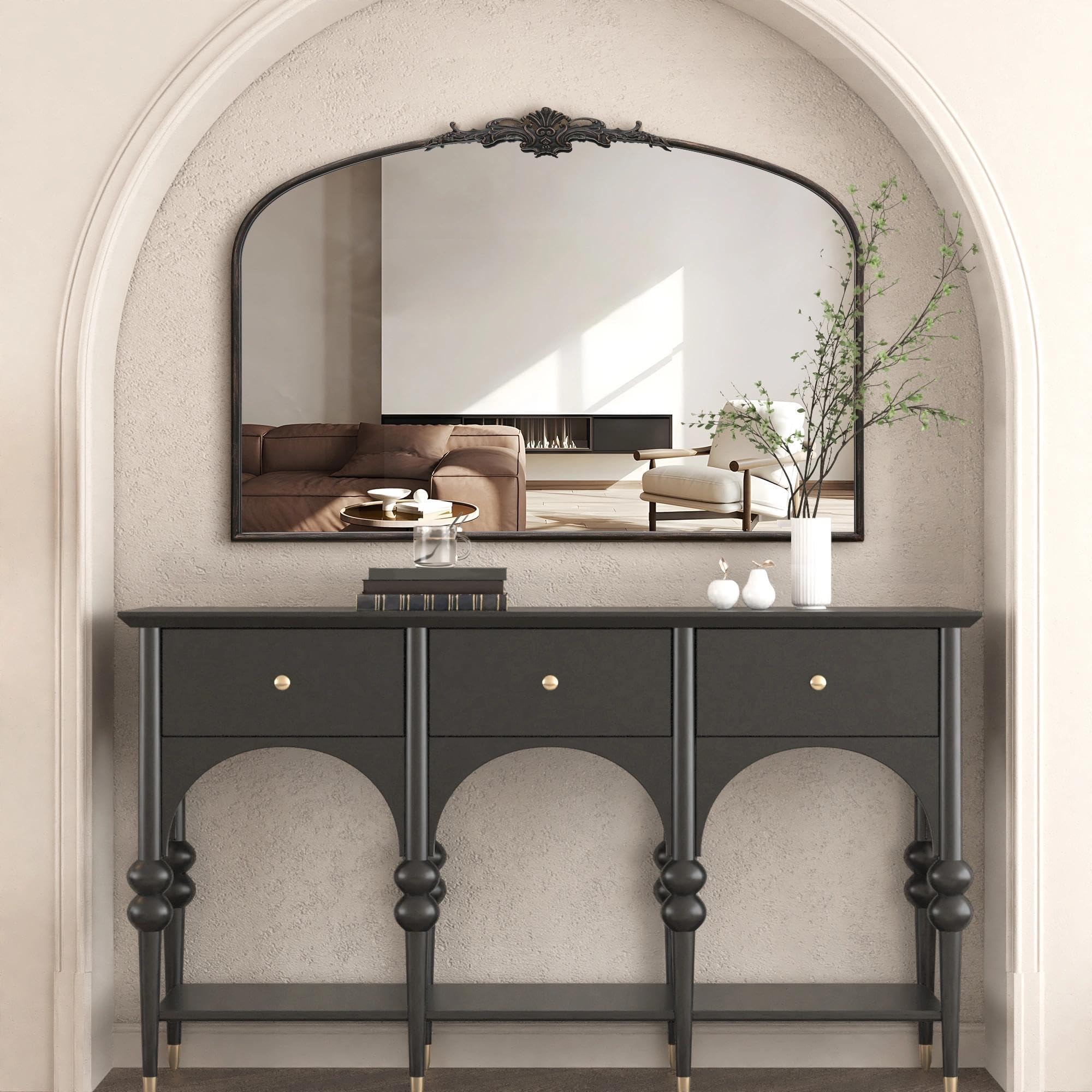 Besdomus Vintage Arched Gold Mirror: 40"x29" French Large Brass Antique Wall Vanity Mirror - Decorative Baroque Traditional Ornate for Entryway/Fireplace/Bathroom/Bedroom - Ideal for Home Renovations