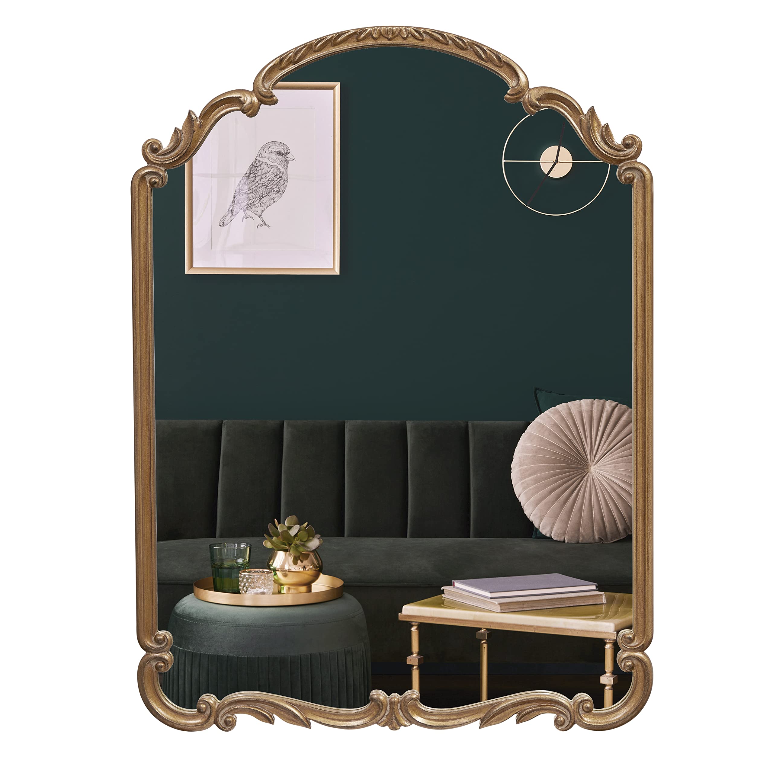 Wylde Iris English Estate Carved Arch Wood Wall Mirror, Mirror for Entryway, Living Room, Bathroom, Antique Black, 22x30