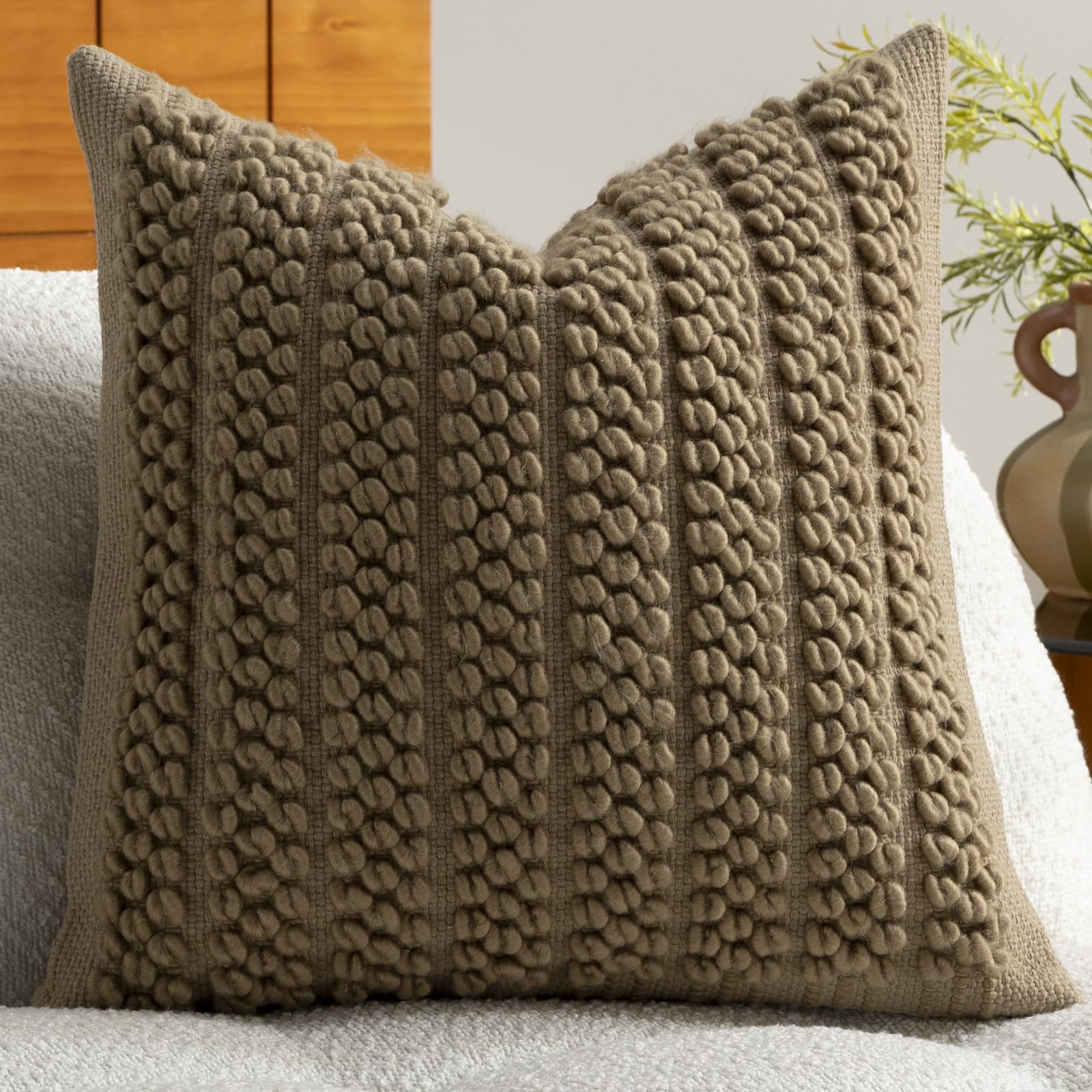 DEZENE Wool Boucle Throw Pillow Cover Premium Chic Accents Square Textured Decorative Pillow Case for Living Room Couch Sofa Home Decor 18"x18" Beige