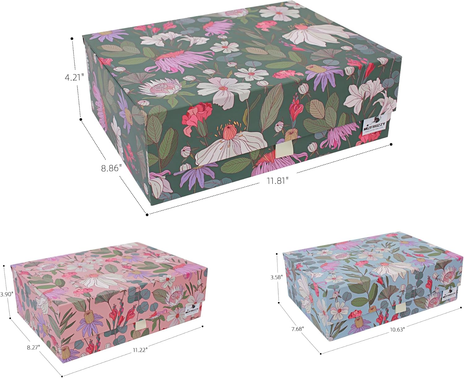 3-Piece Decorative Storage Boxes with Lids, Magnet and Ribbon, Blue, Green, Pink, Floral, Cardboard Paper Keepsake box Set, Photo Storage Box for Memory, Modern Stylish Home Decor