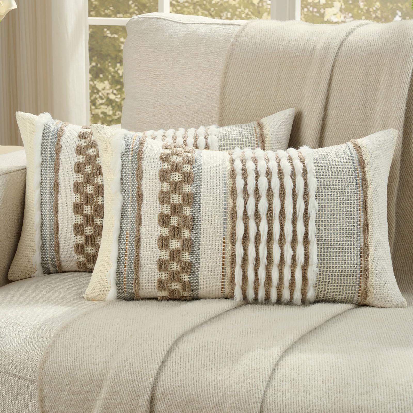 FUTEI Pack of 2 Boho Chenille Decorative Throw Pillow Covers 18x18 Inch Soft Plush Tufted Striped Textured Cushion Case,Farmhouse Accent for Couch Bed Living Room, Grey