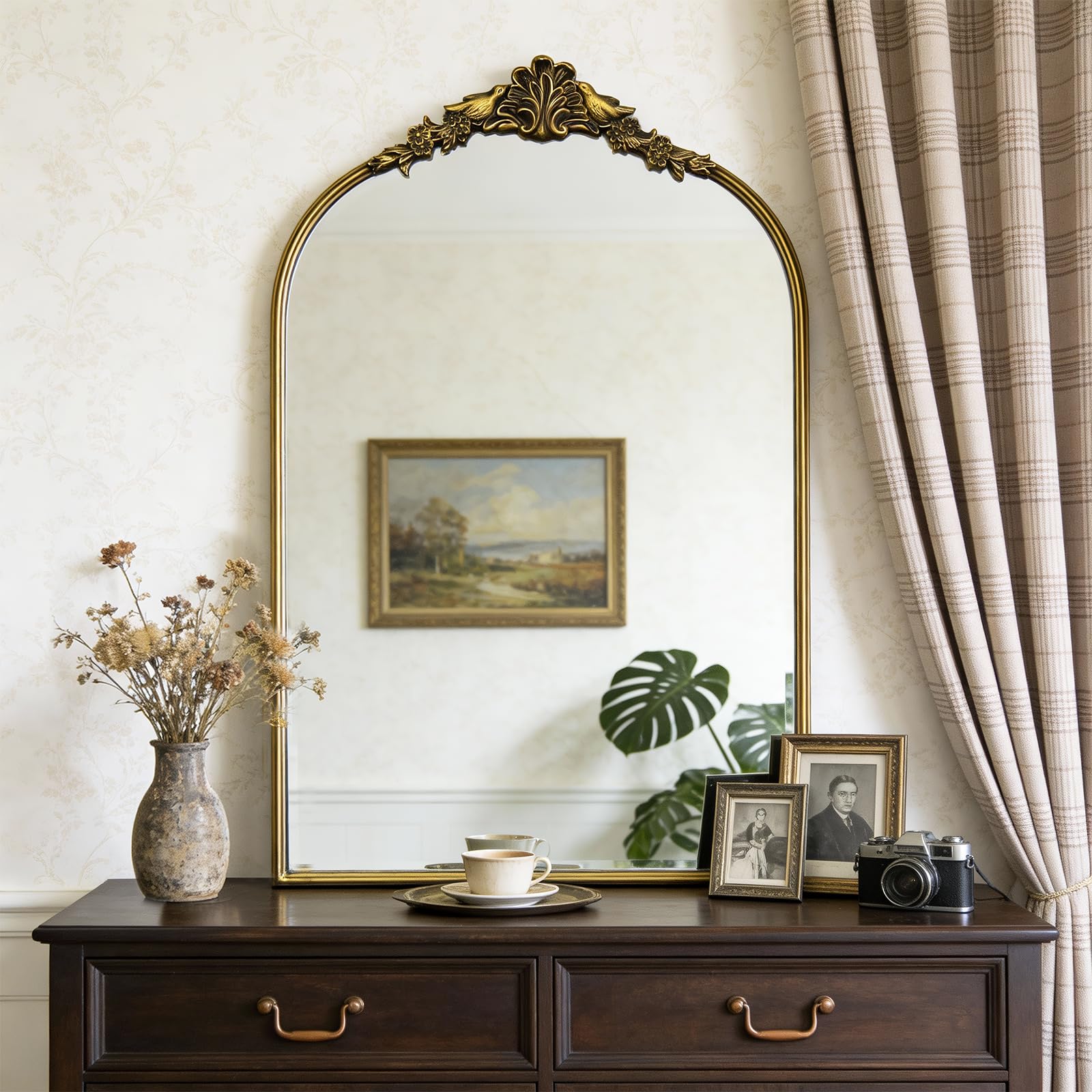 Antique Baroque Vintage Vanity Mirror 30x20Inch, Gold with Ornate Antique Frame, Arched Vintage Wall Mirror for Living Room, Fireplace, Entryway
