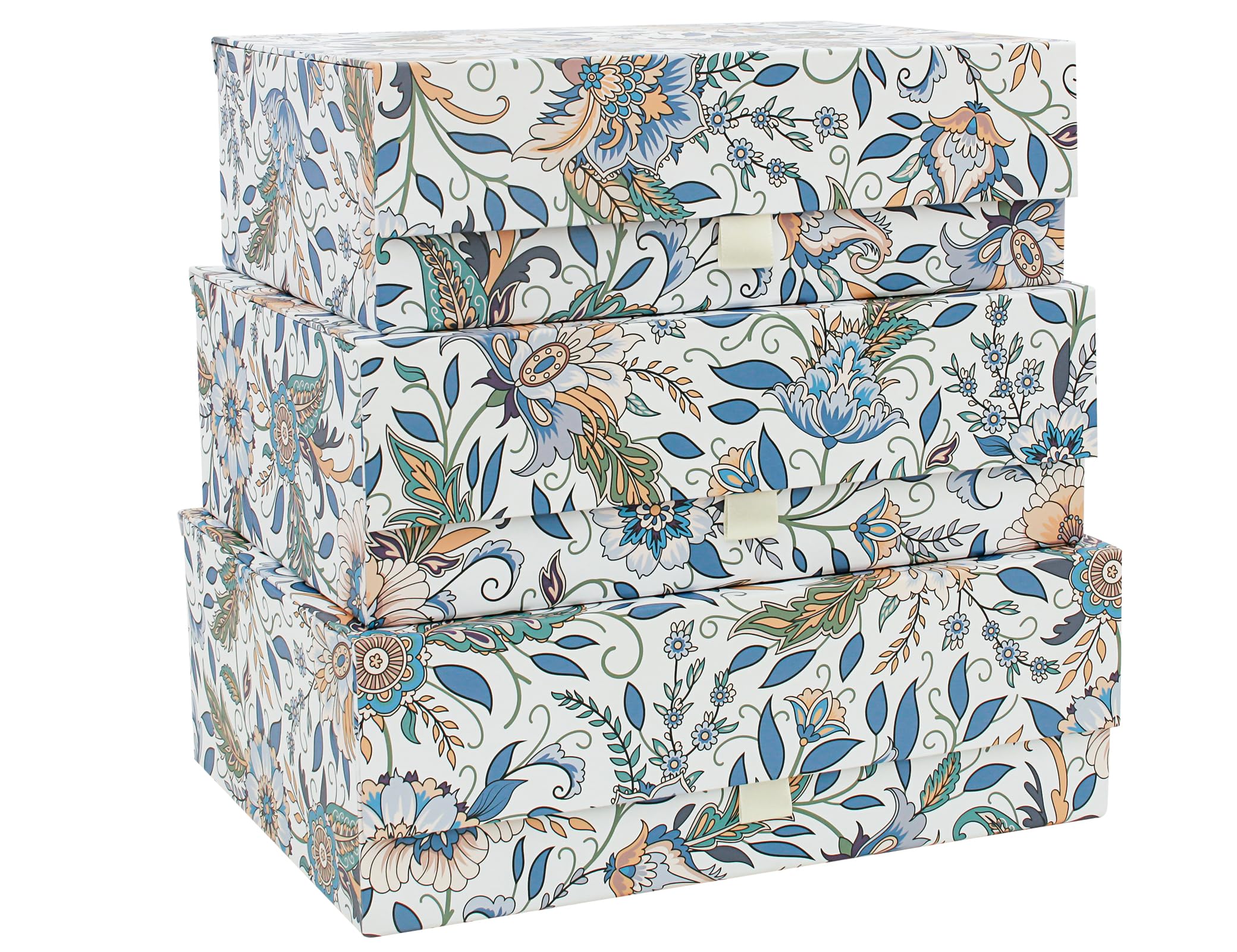 3-Piece Decorative Storage Boxes with Lids, Magnet and Ribbon, Blue, Green, Pink, Floral, Cardboard Paper Keepsake box Set, Photo Storage Box for Memory, Modern Stylish Home Decor