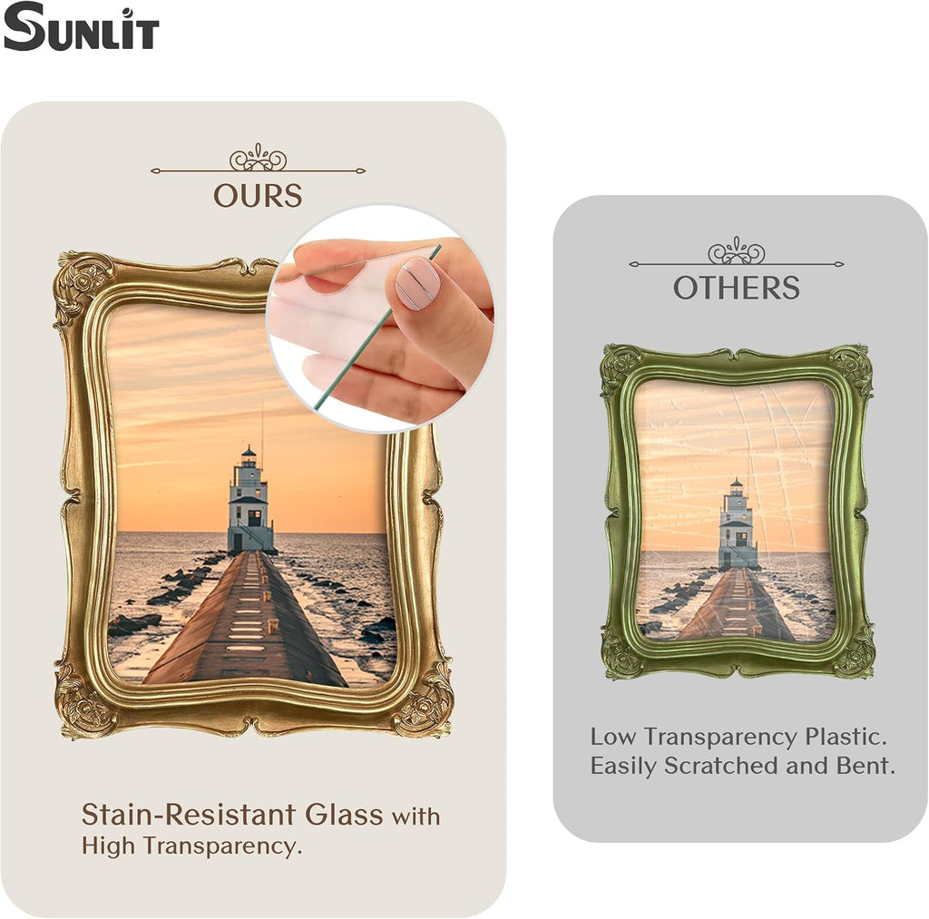 Sunlit Vintage Picture Frame 8x10 Inch Set of 2, Luxury Antique Photo Frames with Glass Front, Photo Display, Tabletop Wall Hanging, Gold