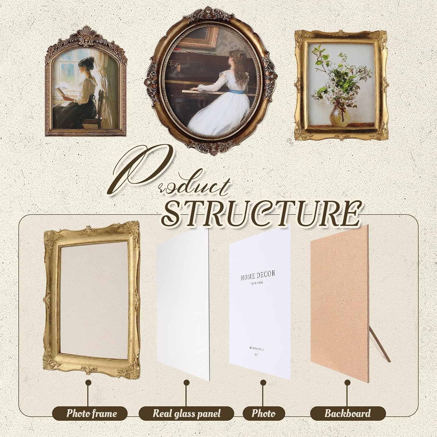 Wonderjune 3 Pcs Large Vintage Picture Frames 10" 12" Antique Picture Frame,Clear Glass Rustic Frames Retro Home Decor Wall Mount for Gallery Art Oval Square, Bronze Gold (Vintage)