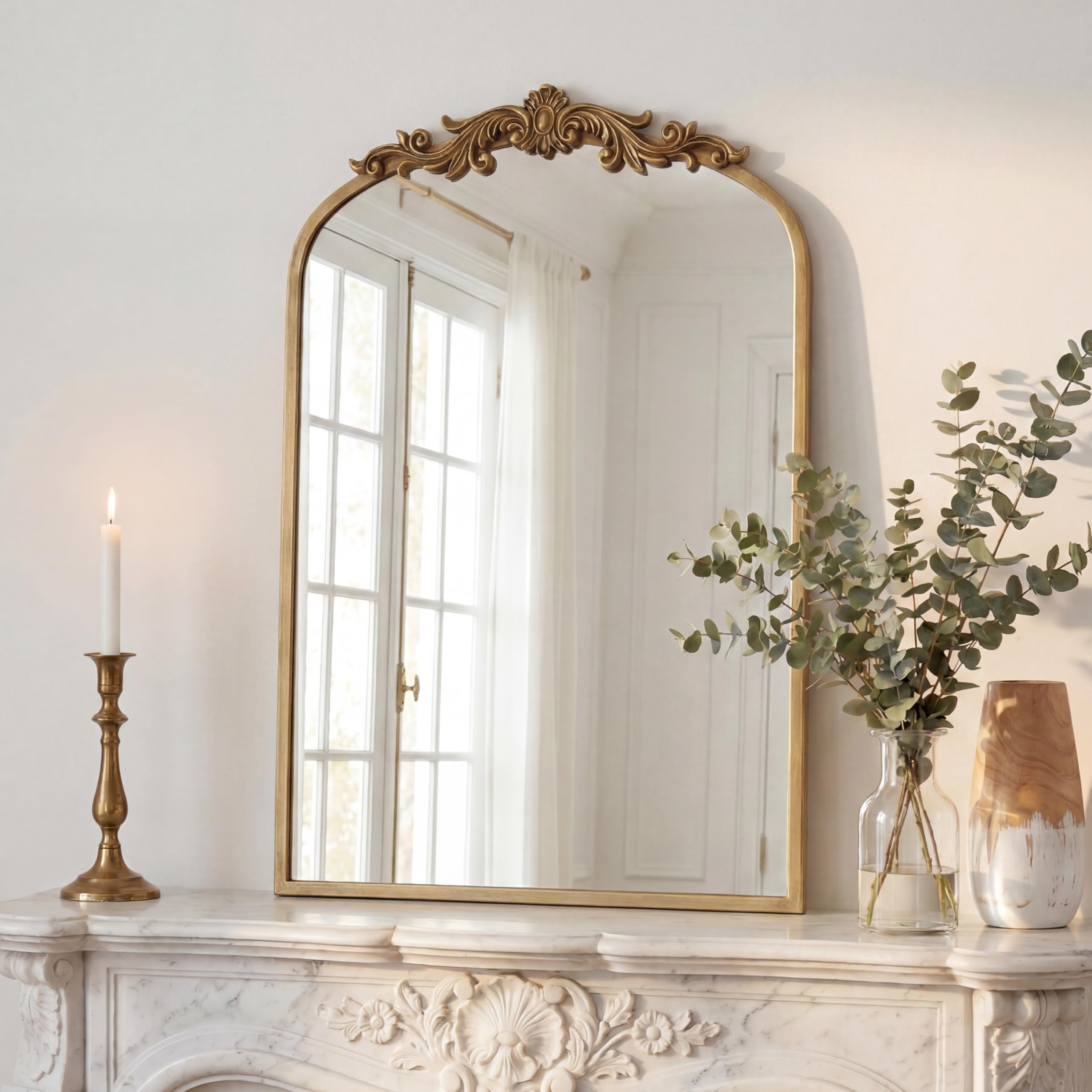 PERFNIQUE Vintage Mirror, 36" X 30" Arched Antique Baroque Mirror, Gold Traditional Wall Decor, Ornate Decor Anthro Look Alike Decor for Bathroom Living Room Fireplace Entryway Hallway