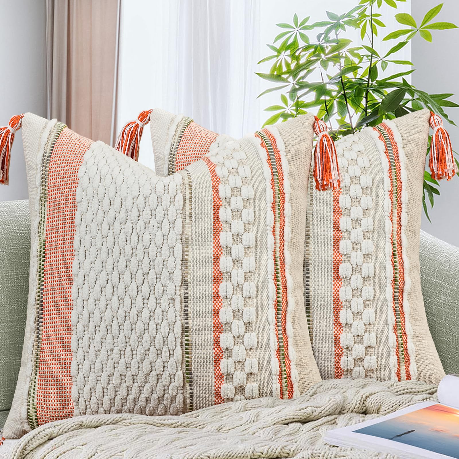 AmHoo Chenille Striped Textured Boho Throw Pillow Covers Aesthetic with Tassels Woven Decorative Pillow Case for Couch Bed Sofa Bedroom Modern Funky 18 x 18-Inch Brown