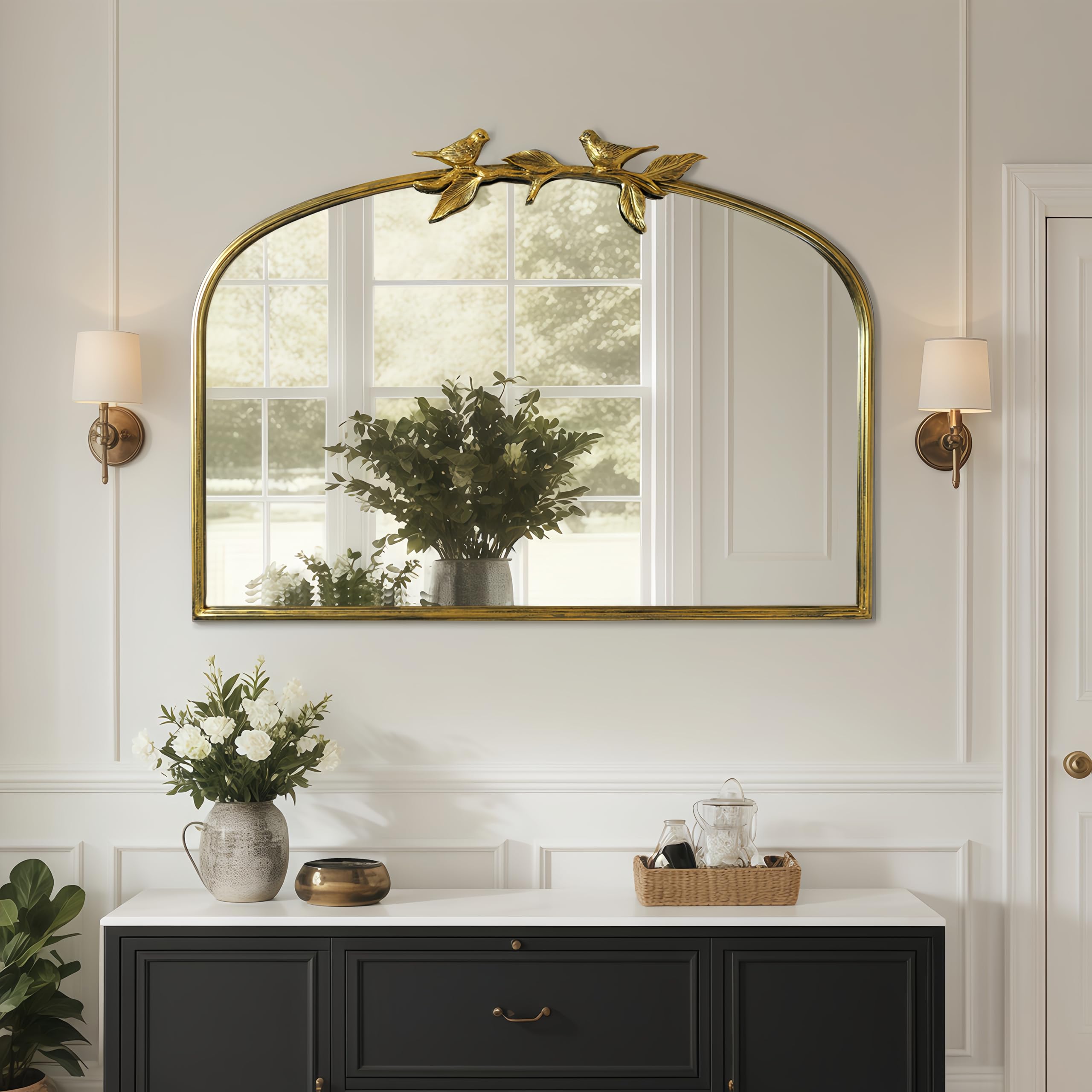 Antique Baroque Vintage Vanity Mirror 30x20Inch, Gold with Ornate Antique Frame, Arched Vintage Wall Mirror for Living Room, Fireplace, Entryway