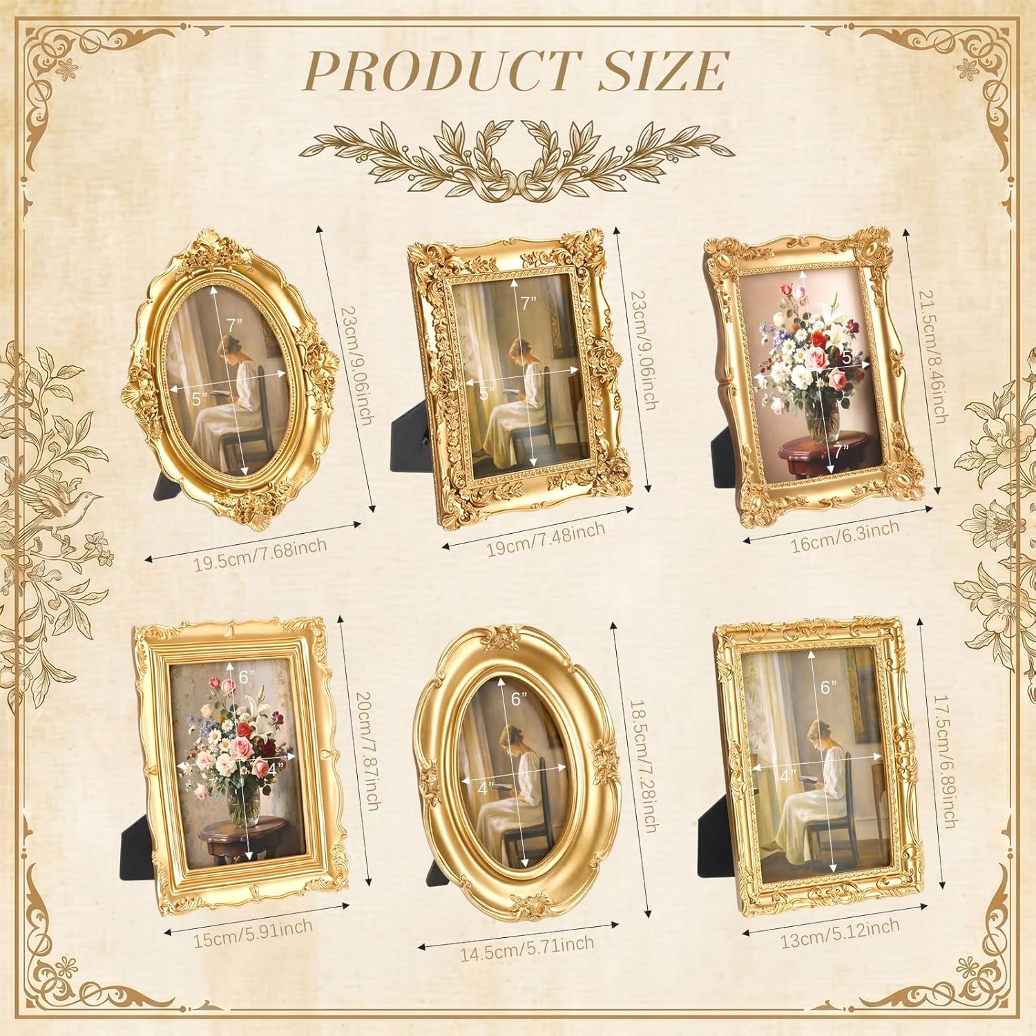 Lineshading 6 Pcs Vintage Picture Frames for Wall or Tabletop Antique Picture Frame 5"x7" 4"x6" Ornate French Country Frame Baroque Victorian Photo Frames for Gallery Home Farmhouse Decor (Gold)
