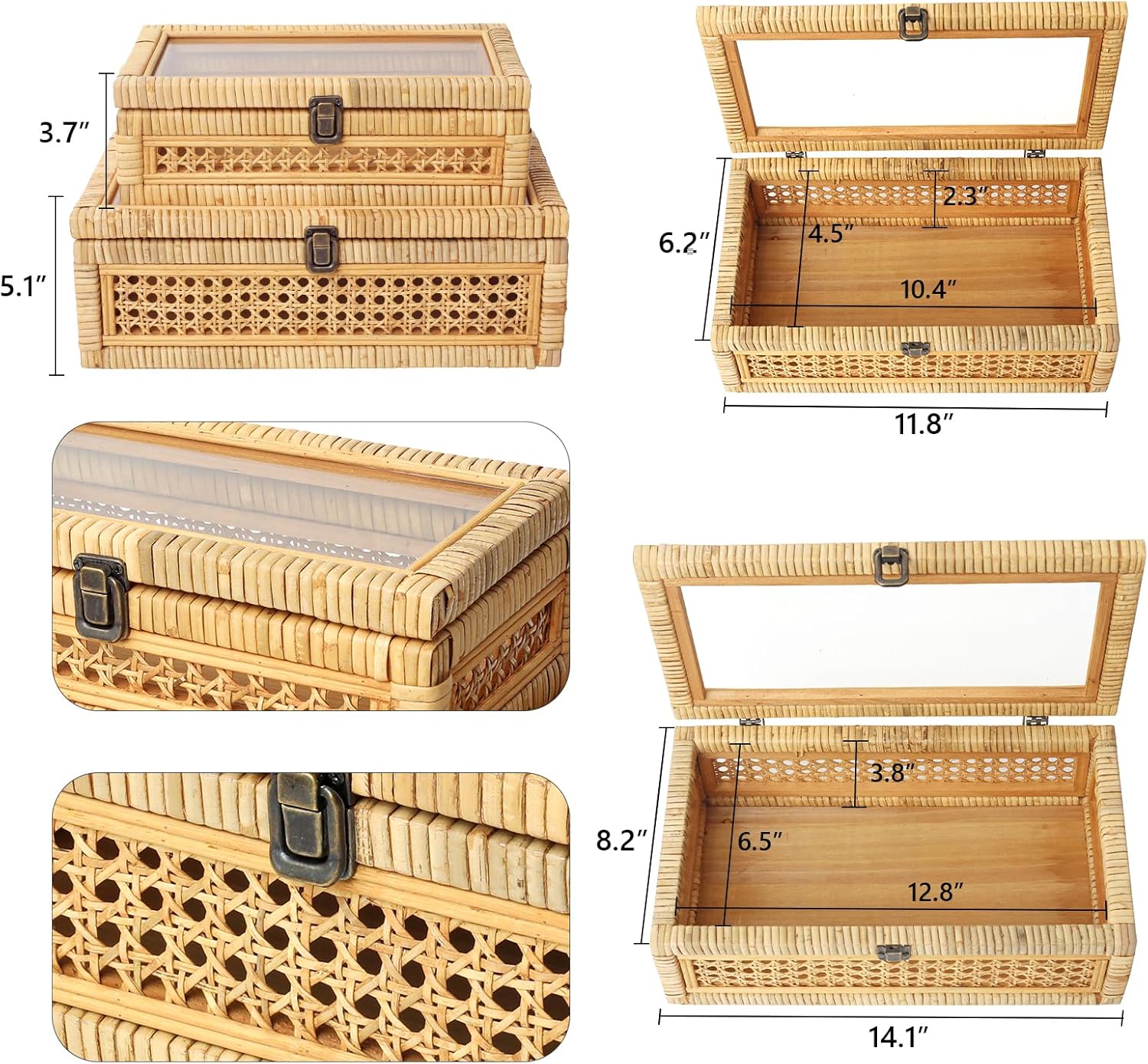DECOR4SEASON Rattan and Cane Stacking Boxes with Glass Top Lid - Set of 2 for Boho, and Rustic Farmhouse Decor