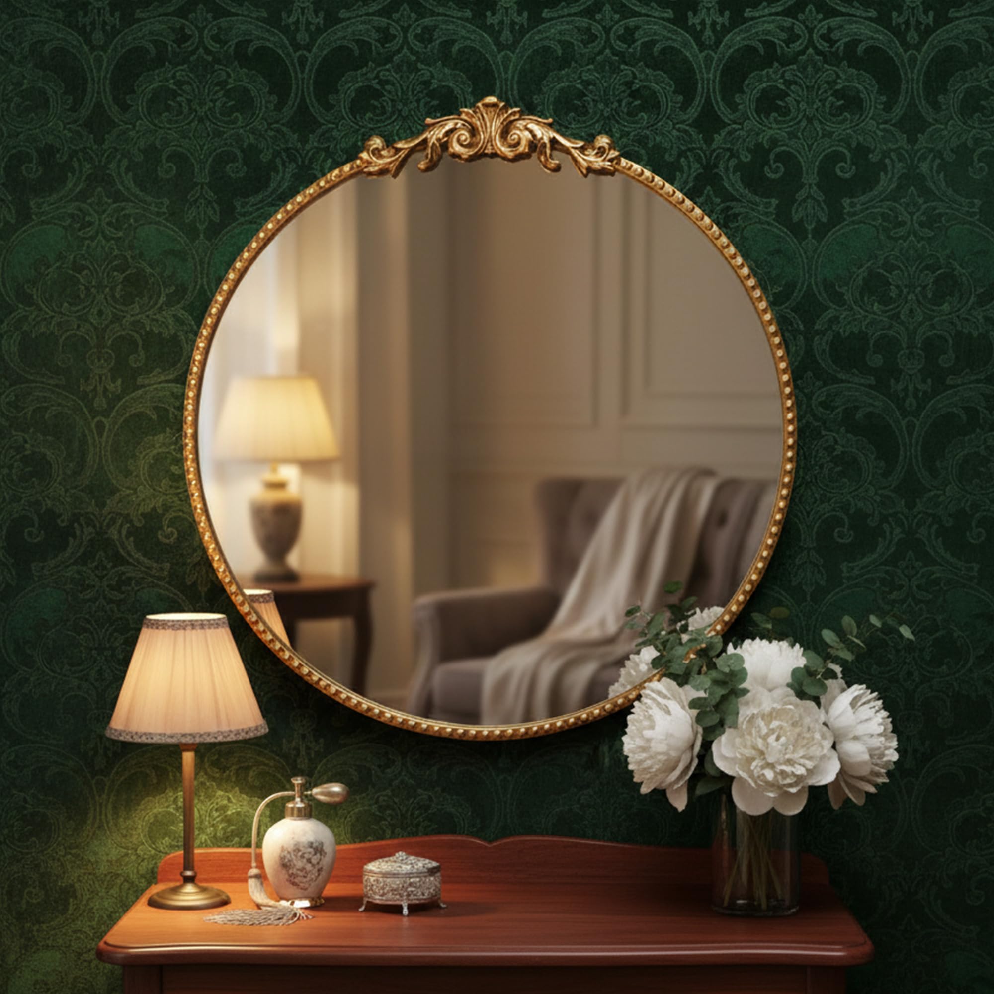 ZIYOO Vintage Baroque Round Wall Mirror 24"x24", Black Ornate Carved Frame Decor Mirror for Entryway Living Room Bedroom Hallway (Black Metal,24"x24")