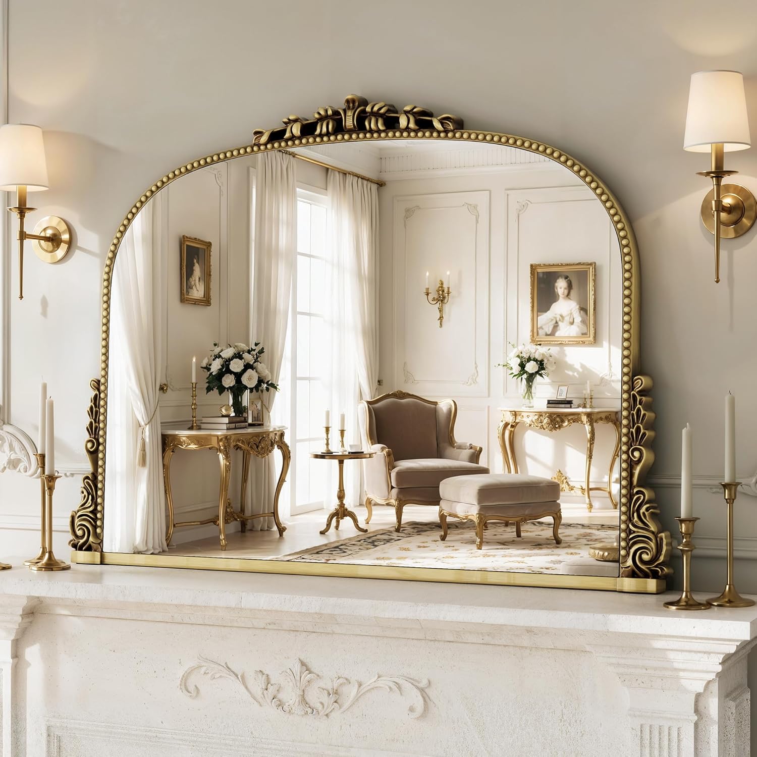 Vintage Gold Baroque Ornate Wall Mirror, Arched Resin Frame HD Tempered Glass Decor Mirror