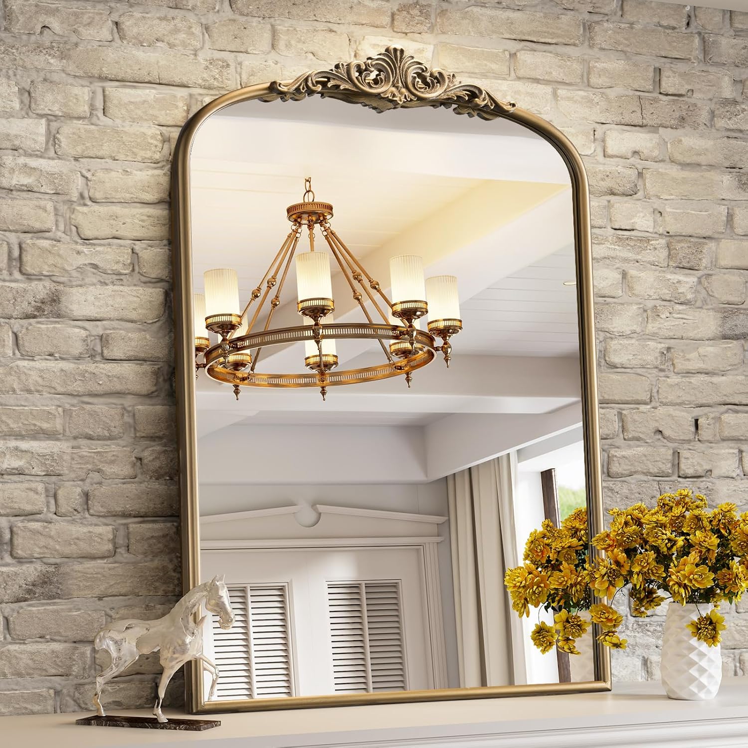 Vintage Baroque Arched Wall Mirror, 30"x40" Antique Gold Bathroom Wall Mirrors, Large Ornate Arch Bronze Mirror for Over Sink, Fireplace, Entryway, Living Room, Hanging or Leaning
