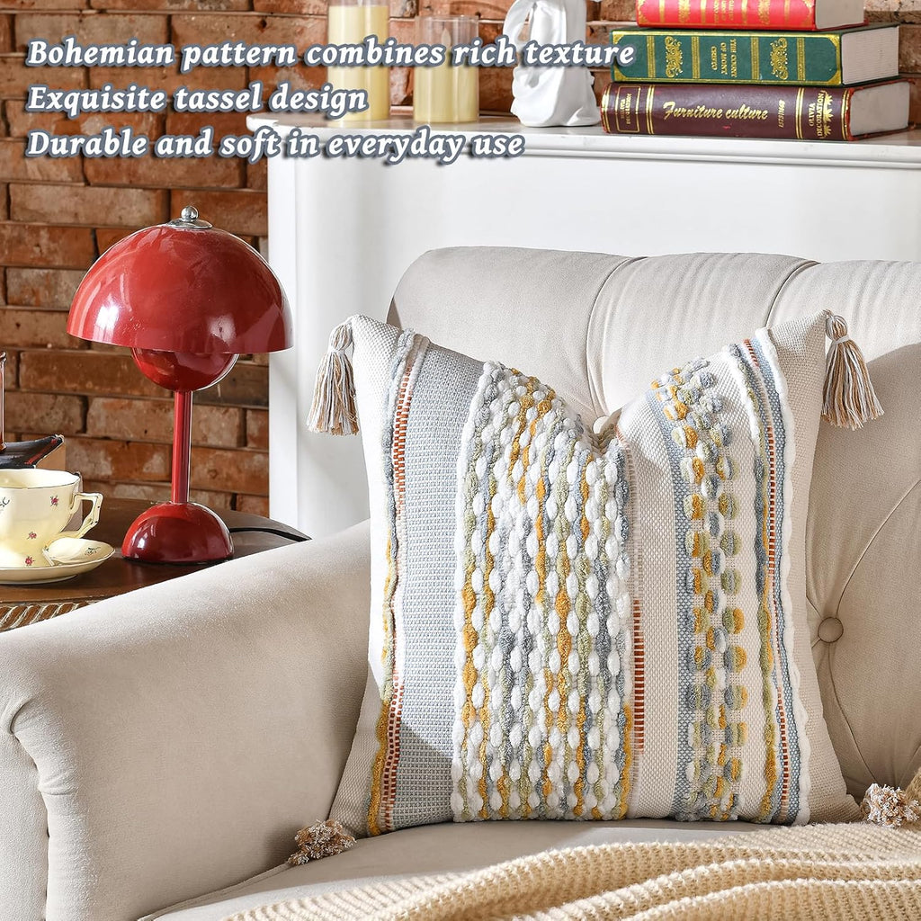 Set of 2 Grey 18×18 Inch Chenille Striped Pillow Covers, Boho Tassel Woven Couch Cushion Cases