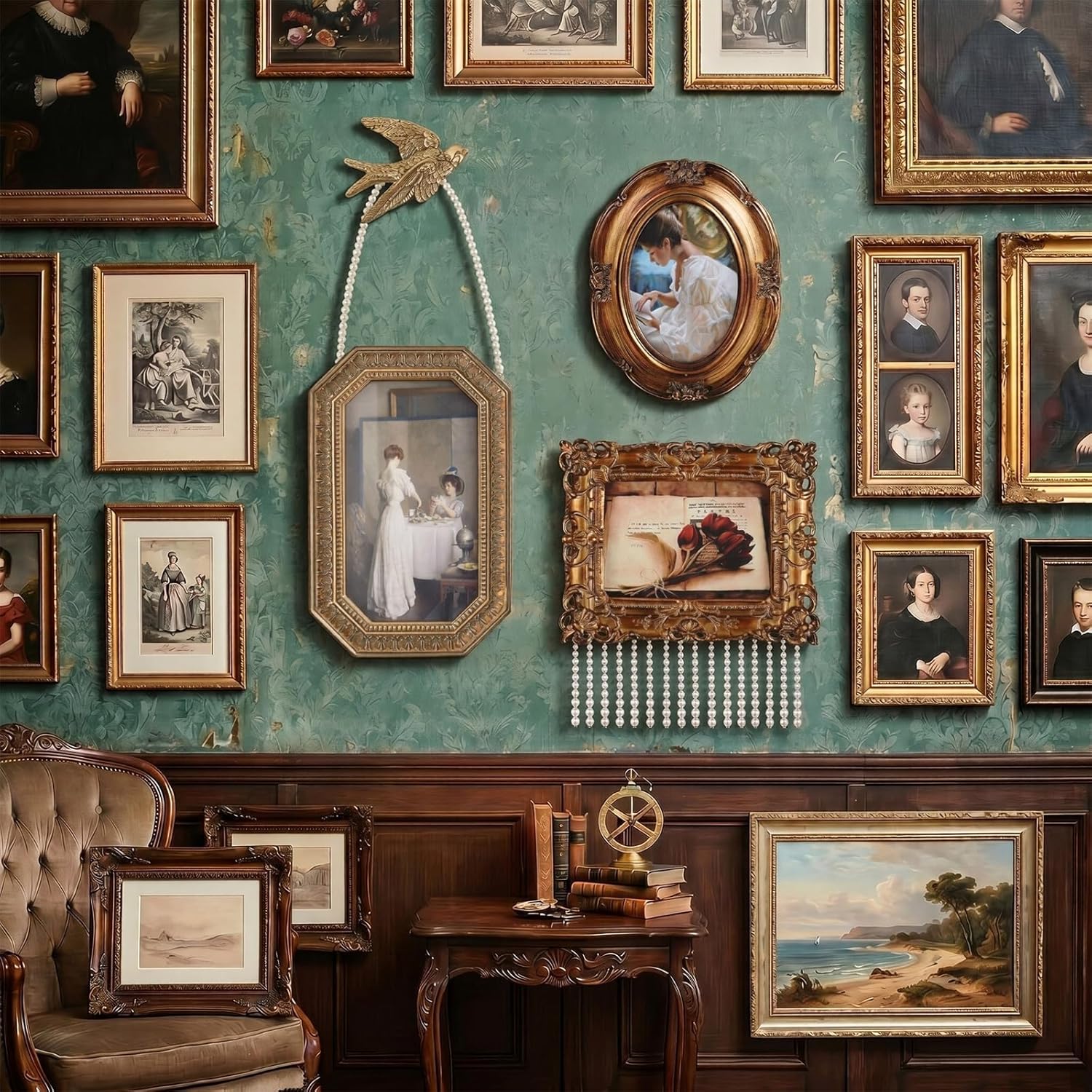 Wonderjune 3 Pcs Gold Vintage Gallery Wall Picture Frame Bird Accessories Antique Oval Rectangle Pearl Baroque Resin Photo Frame Tabletop 7x9, 4x6 and 5x7 Wall Mount with Glass Art Vintage Home Decor