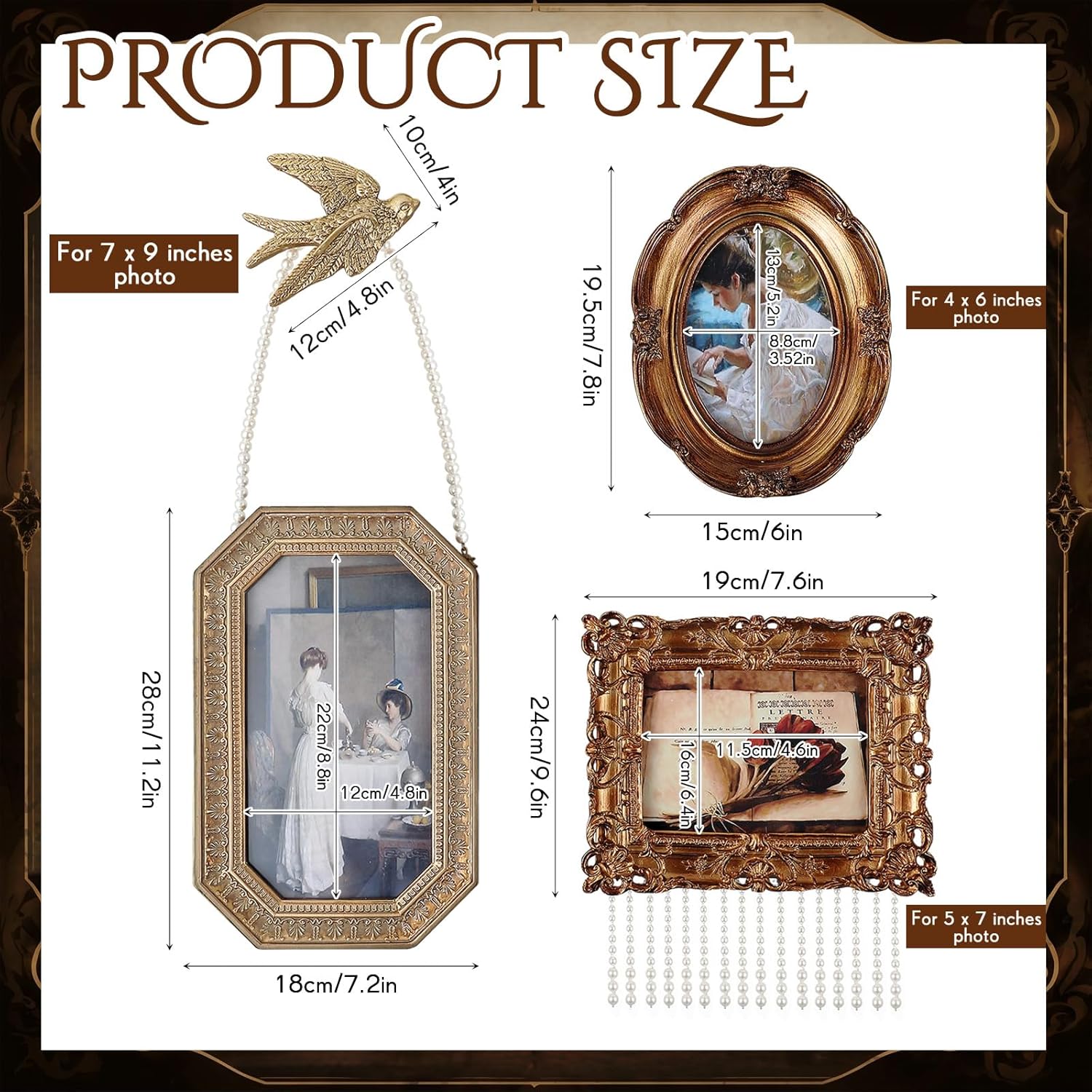 Wonderjune 3 Pcs Gold Vintage Gallery Wall Picture Frame Bird Accessories Antique Oval Rectangle Pearl Baroque Resin Photo Frame Tabletop 7x9, 4x6 and 5x7 Wall Mount with Glass Art Vintage Home Decor