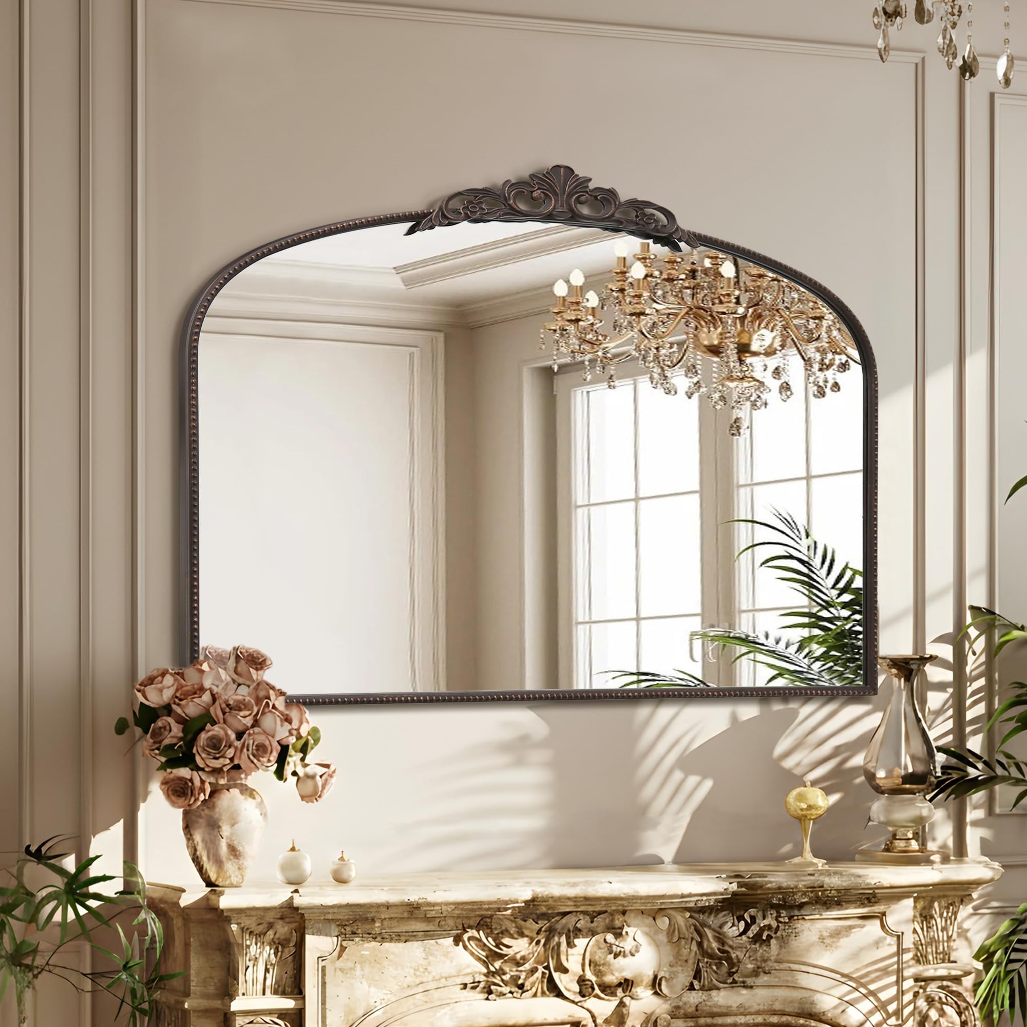 Micasso Vintage Wall Bronze Mirror: 32"x24" French Baroque Antique Mirror - Traditional Ornate Decorative Arched for Wall/Bathroom/Entryway/Fireplace/Hallway - Home Decor for Living Room