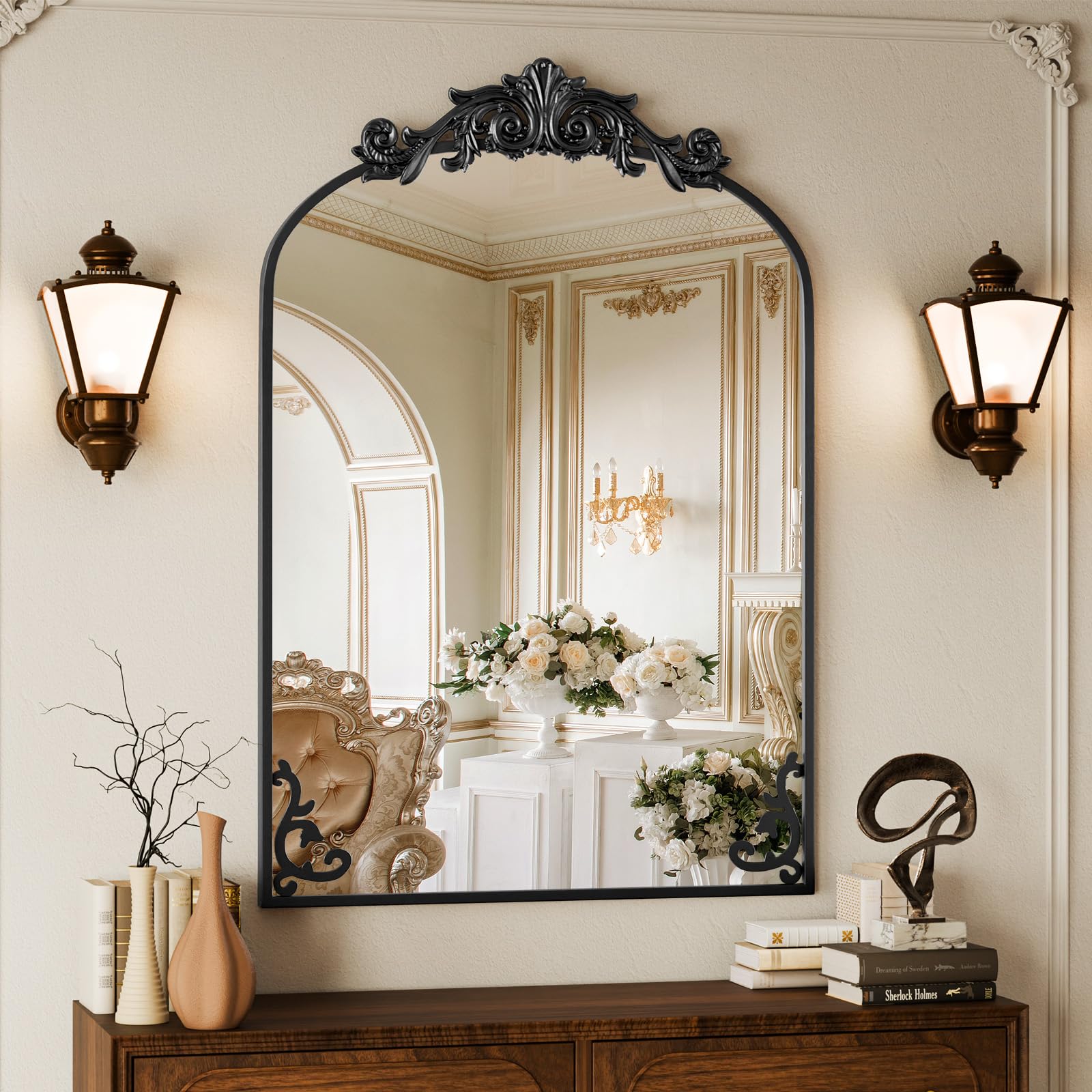 Koonmi Vintage Mirror, 24x36 Antique Barolon Mirror for Wall, Bronze Frame with Ornate Patterns, Flower Head, Shatter-Proof Tempered Glass Arched Decorative Mirrors for Bathroom