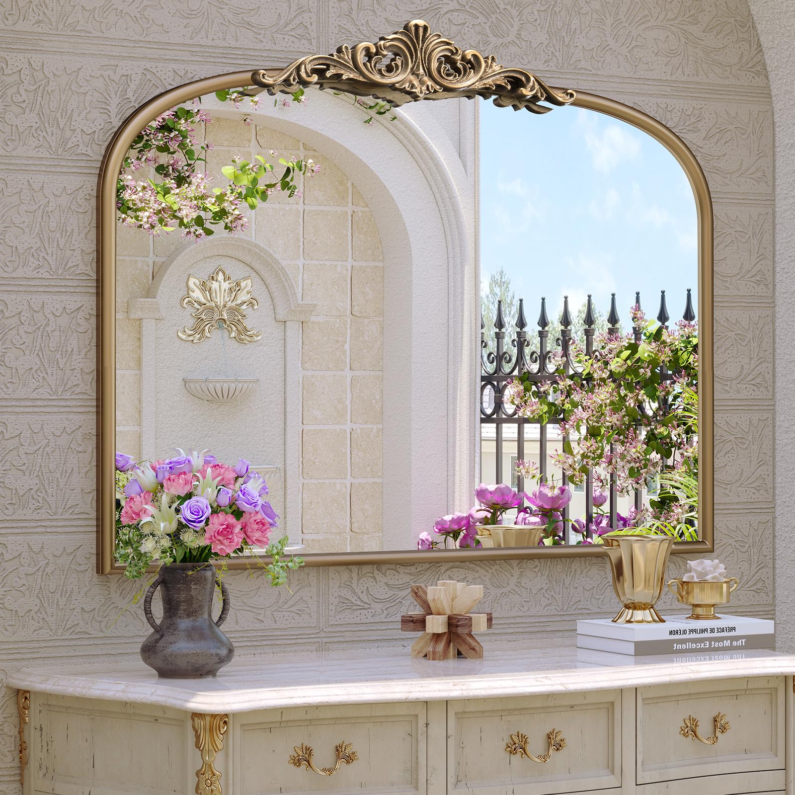 Vintage Baroque Arched Wall Mirror, 30"x40" Antique Gold Bathroom Wall Mirrors, Large Ornate Arch Bronze Mirror for Over Sink, Fireplace, Entryway, Living Room, Hanging or Leaning