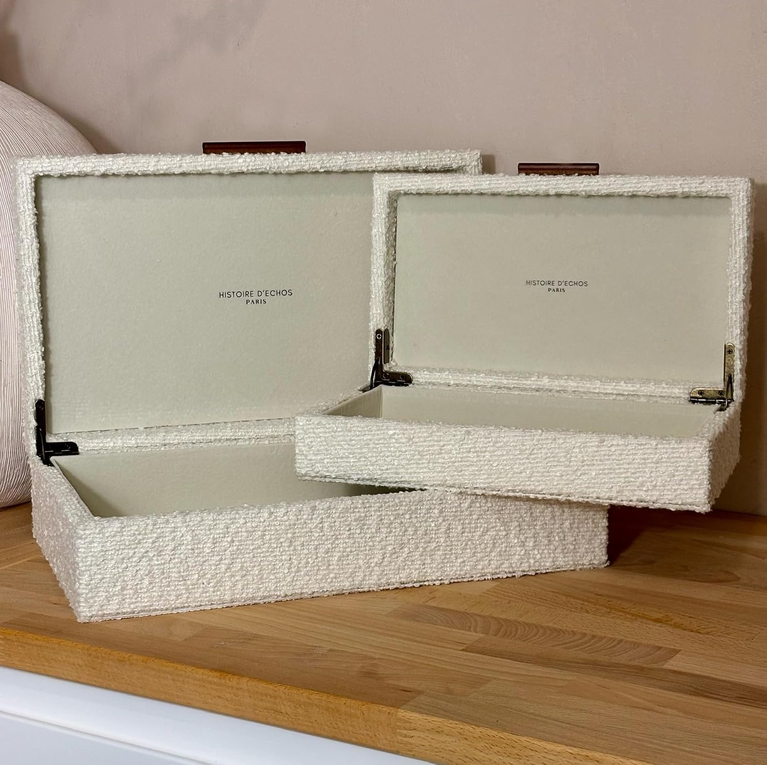 Set of 2 Ivory Bouclé Fabric Decorative Boxes with Wooden Handles, Modern Jewelry Boxes, Storage Boxes, Keepsake Boxes, Photo Memory Organizer, 14.2x8.6x3.5in
