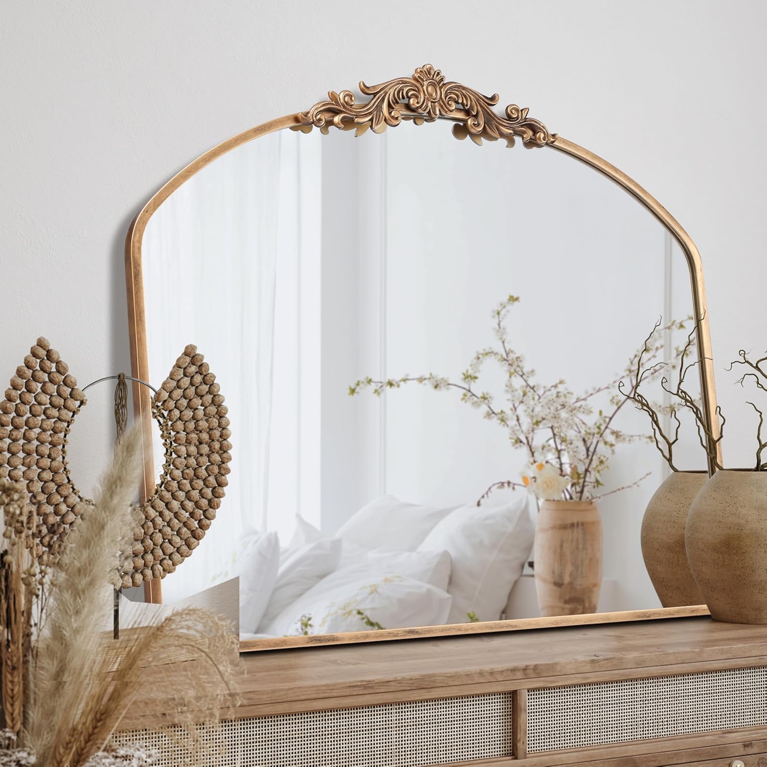 PERFNIQUE Vintage Mirror, 36" X 30" Arched Antique Baroque Mirror, Gold Traditional Wall Decor, Ornate Decor Anthro Look Alike Decor for Bathroom Living Room Fireplace Entryway Hallway