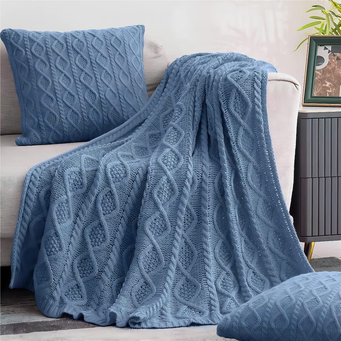 Homiest Cable Knit Throw Blanket and Pillow Set, Sage Green Set of 3, Knitted Throw (50"x60") & 2 Pillow Covers (18"x18"), Soft & Cozy Decorative for Couch Bed Sofa